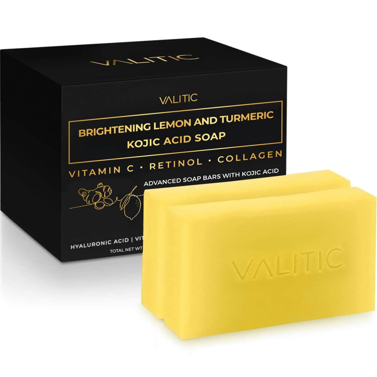 Brightening Lemon & Turmeric Kojic Acid Soap with Vitamin C, Retinol, Collagen - Original Japanese Complex Infused with Hyaluronic Acid, Vitamin E, Shea Butter, Castile Olive Oil (2 Pack)