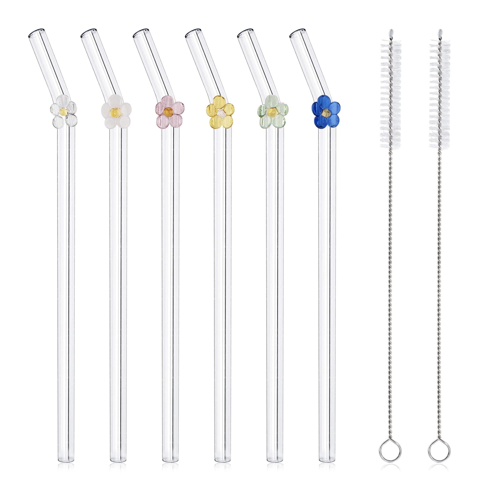 6 Pcs Reusable Glass Straws with 2 Cleaning Brushes, Cute Colorful Flower Glass Straw Shatter Resistant, Reusable Straws Dishwasher Safe for Smoothies, Milkshakes, Juices, Teas