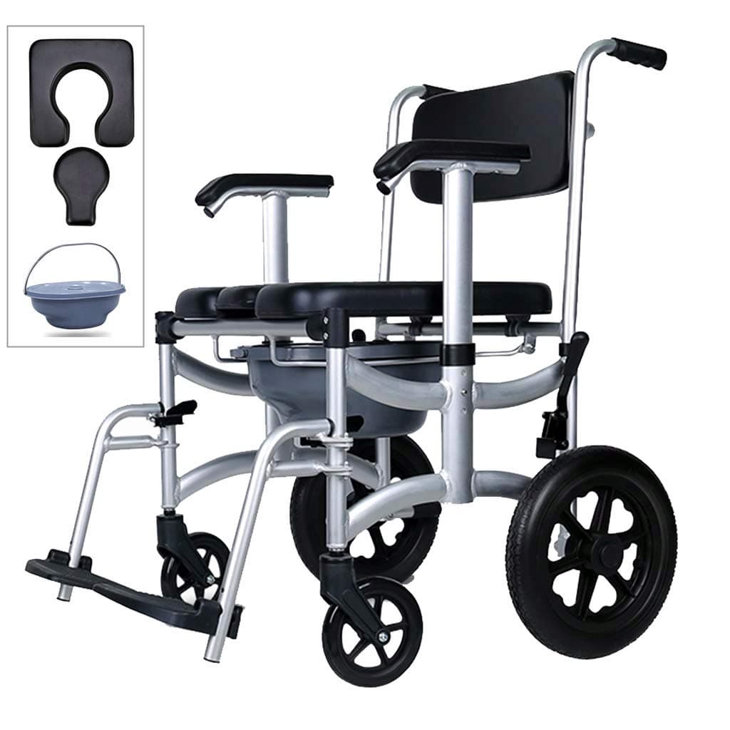 Mobile Shower Chair, 4-in-1 Toilet Commode Wheelchair with Brakes, Removable Pedal, Adjustable Armrest, PU Backrest Cushion and Pail 330lb