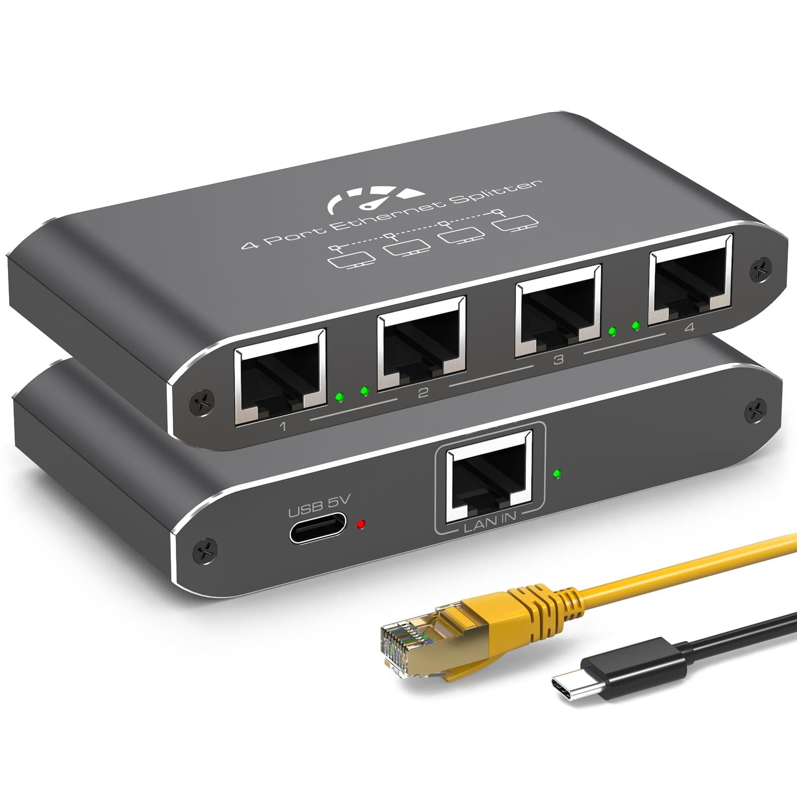 Ethernet Splitter 1 to 4 [ with 5ft Ethernet Cable ] 1000Mbps High Speed Internet Splitter 1 in 4 Out Gigabit Network Splitter LAN RJ45 Adapter with USB Power Cable for Cat 6/7/8 Cable
