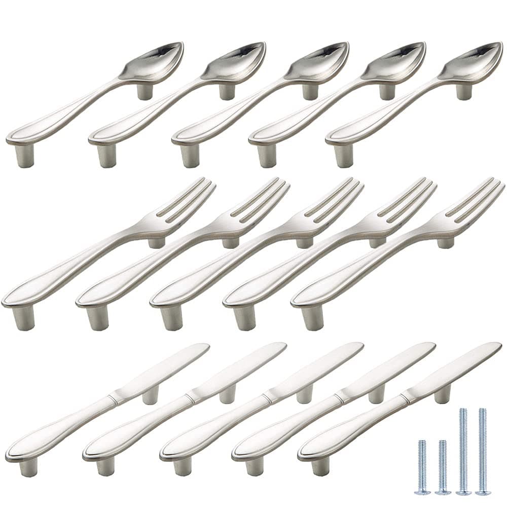 CENDGOOD Cabinet Door Pulls Tableware Handles Spoon Knife Fork Shape Kitchen Cupboard Dresser Closet Drawer Hole Center 3" Silver Pack of 15