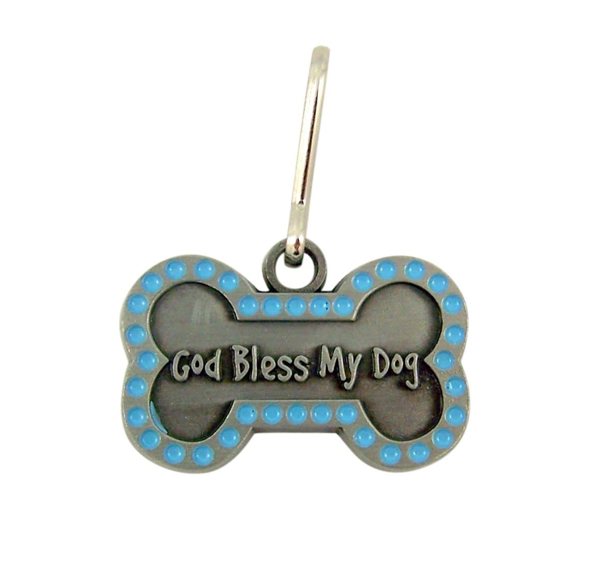 God Bless My Dog Brushed Pewter and Blue Enamel Bone Shaped Pet Medal, 1 1/4 Inch