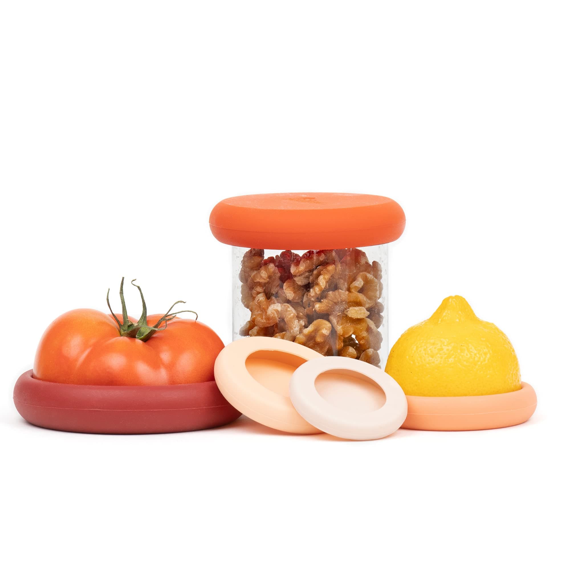 Food Huggers 5pc Reusable Silicone Food Savers | BPA Free & Dishwasher Safe | Fruit & Vegetable Produce Storage for Onion, Tomato, Lemon, Banana, Cans & More | Round, Terracotta