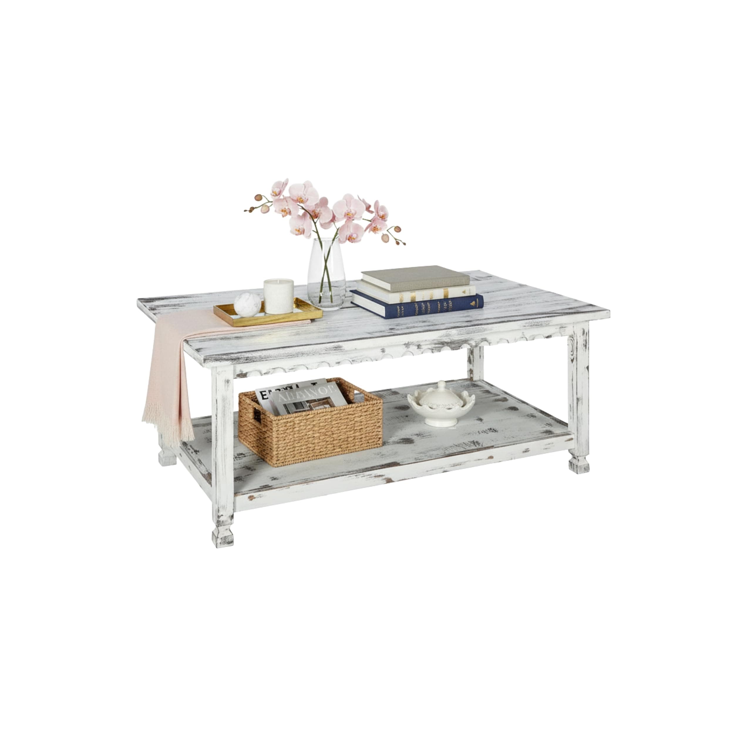 Country Cottage 42-Inch Farmhouse Coffee Table with Storage Shelf and White Antique Finish for Living Room or Family Room by Alaterre Furniture