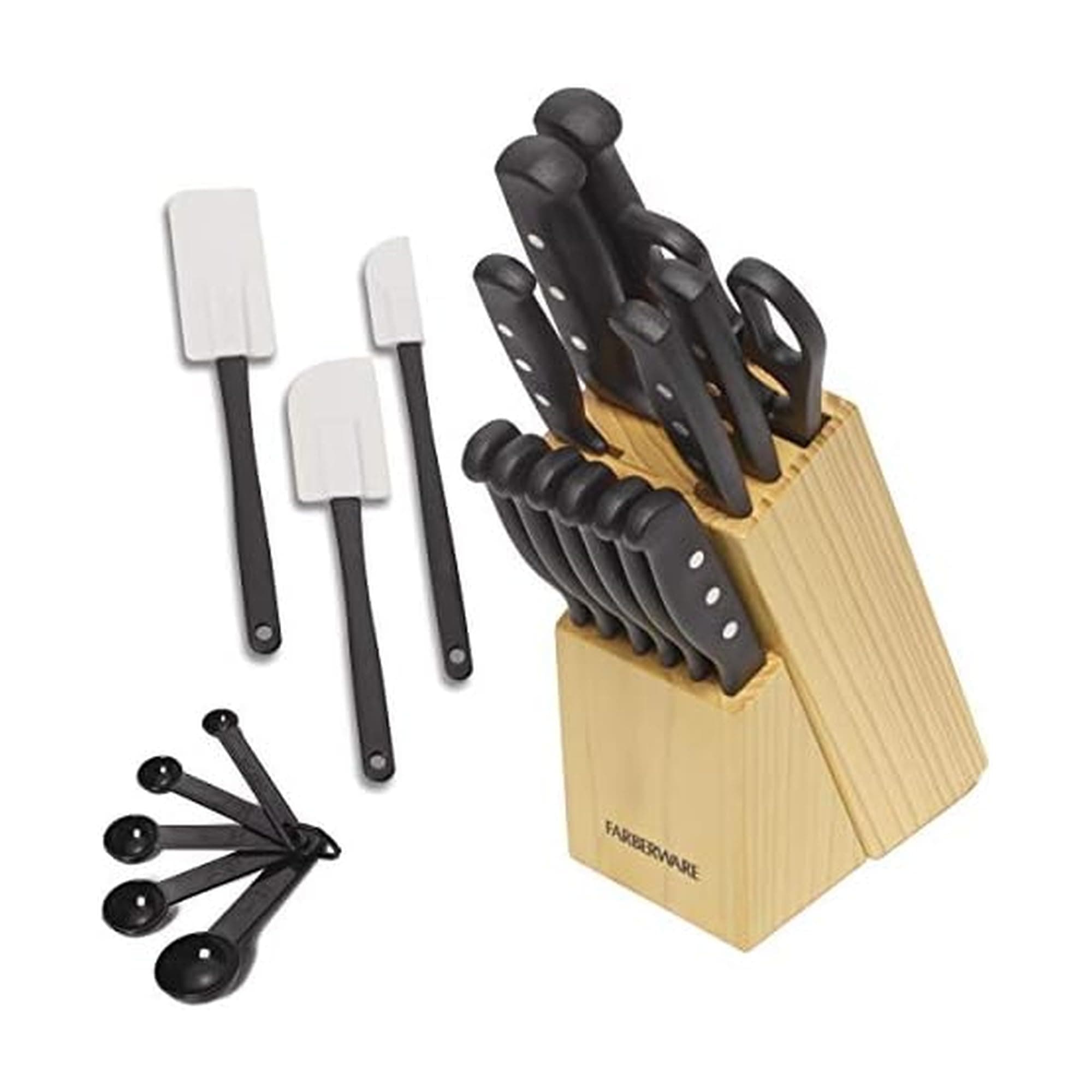 Farberware 22-Piece Never Needs Sharpening Triple Rivet High-Carbon Stainless Steel Knife Block and Kitchen Tool Set, Black, Durable AND Precision Cutlery