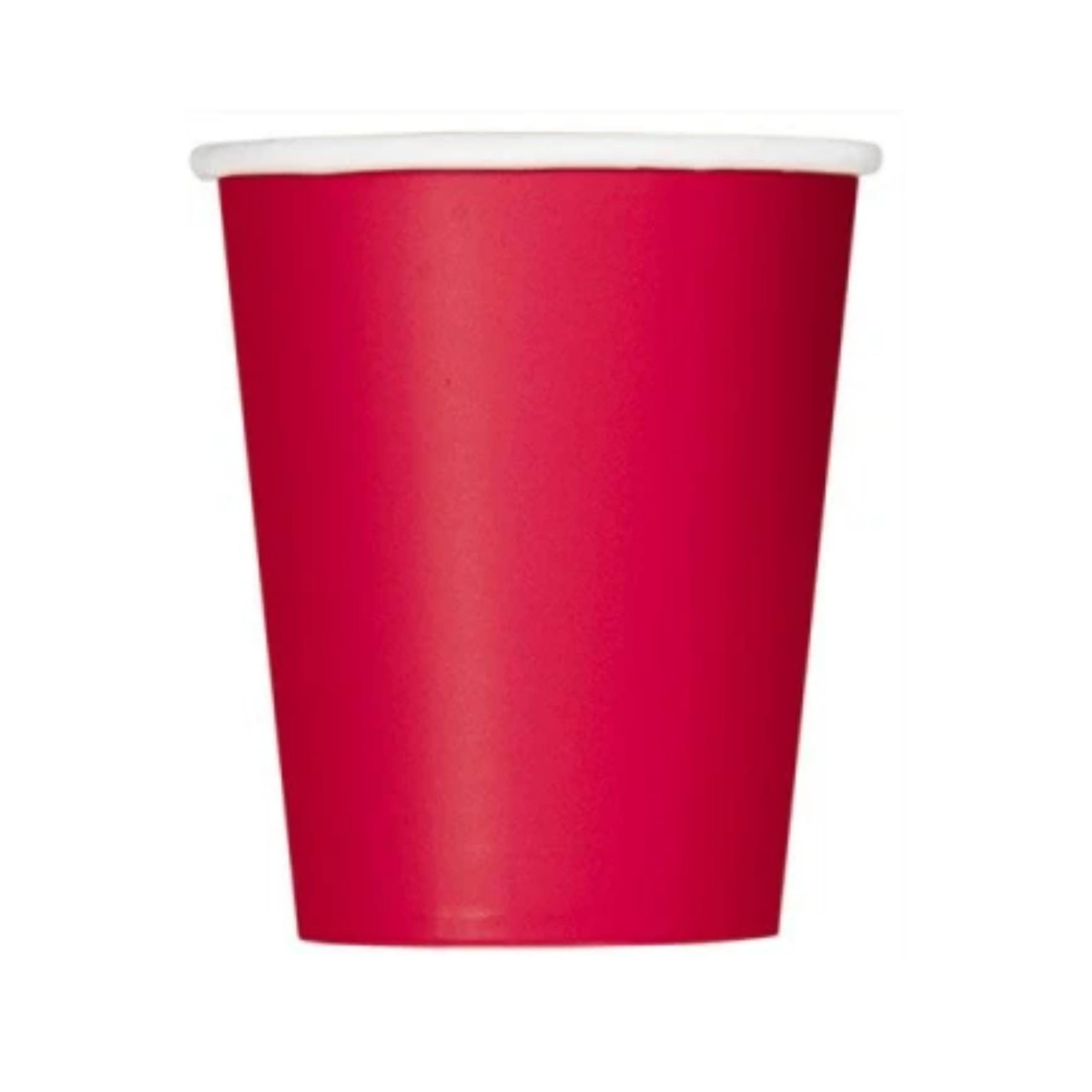 Unique Ruby Red Cups 9oz – Pack of 14. Bold red paper cups perfect for birthdays, Valentine’s parties, weddings, and serving hot or cold drinks.