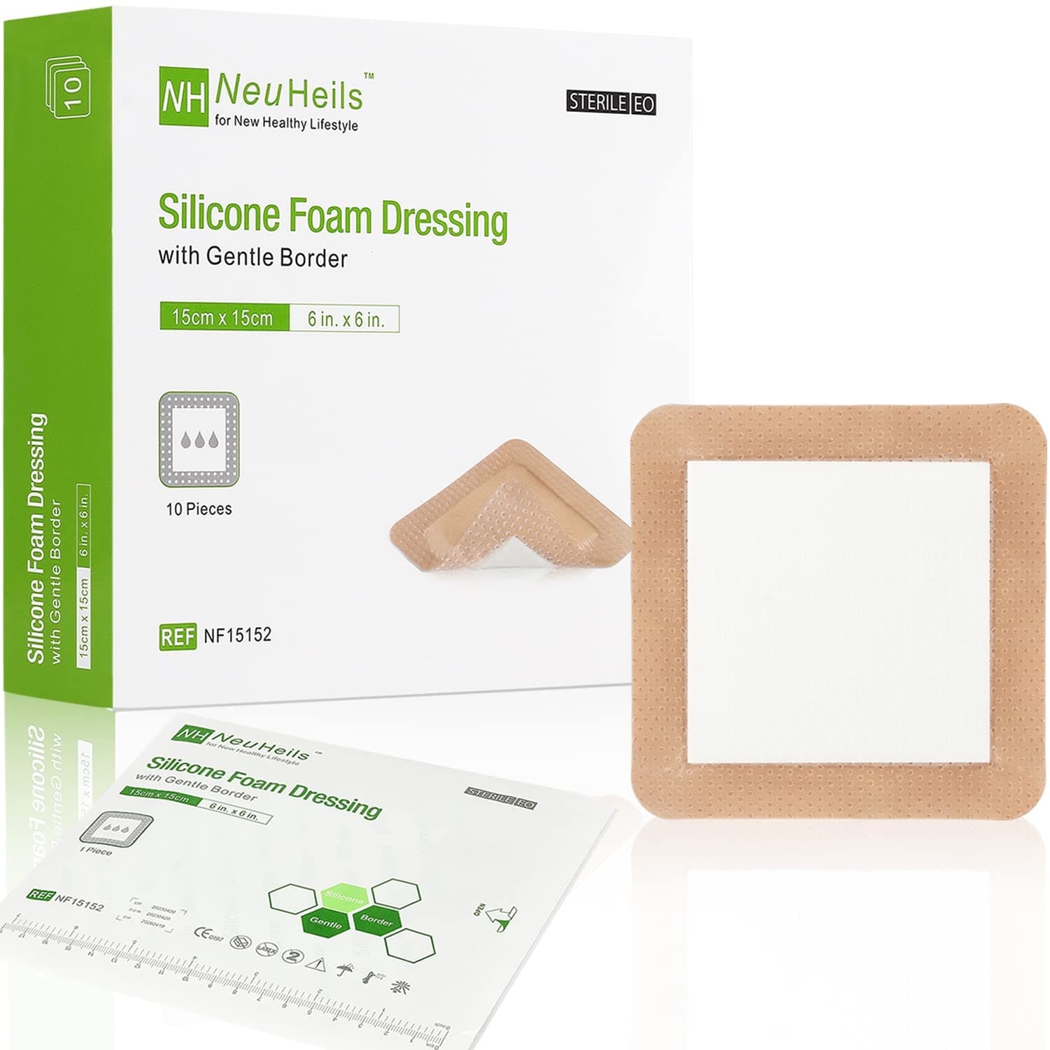 NEUHEILS Silicone Adhesive Foam Dressing with Gentle Border for Bed Sore Leg Ulcer, High Absorbency Waterproof Silicone Wound Bandage for Foot Diabetic Ulcer (6''x6'' (Pack of 10))