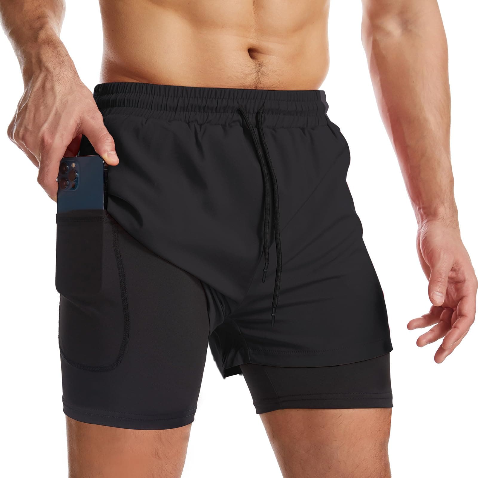 Mens 2 in 1 Running Shorts Quick Dry Athletic Shorts with Liner, Workout Shorts with Zip Pockets and Towel Loop