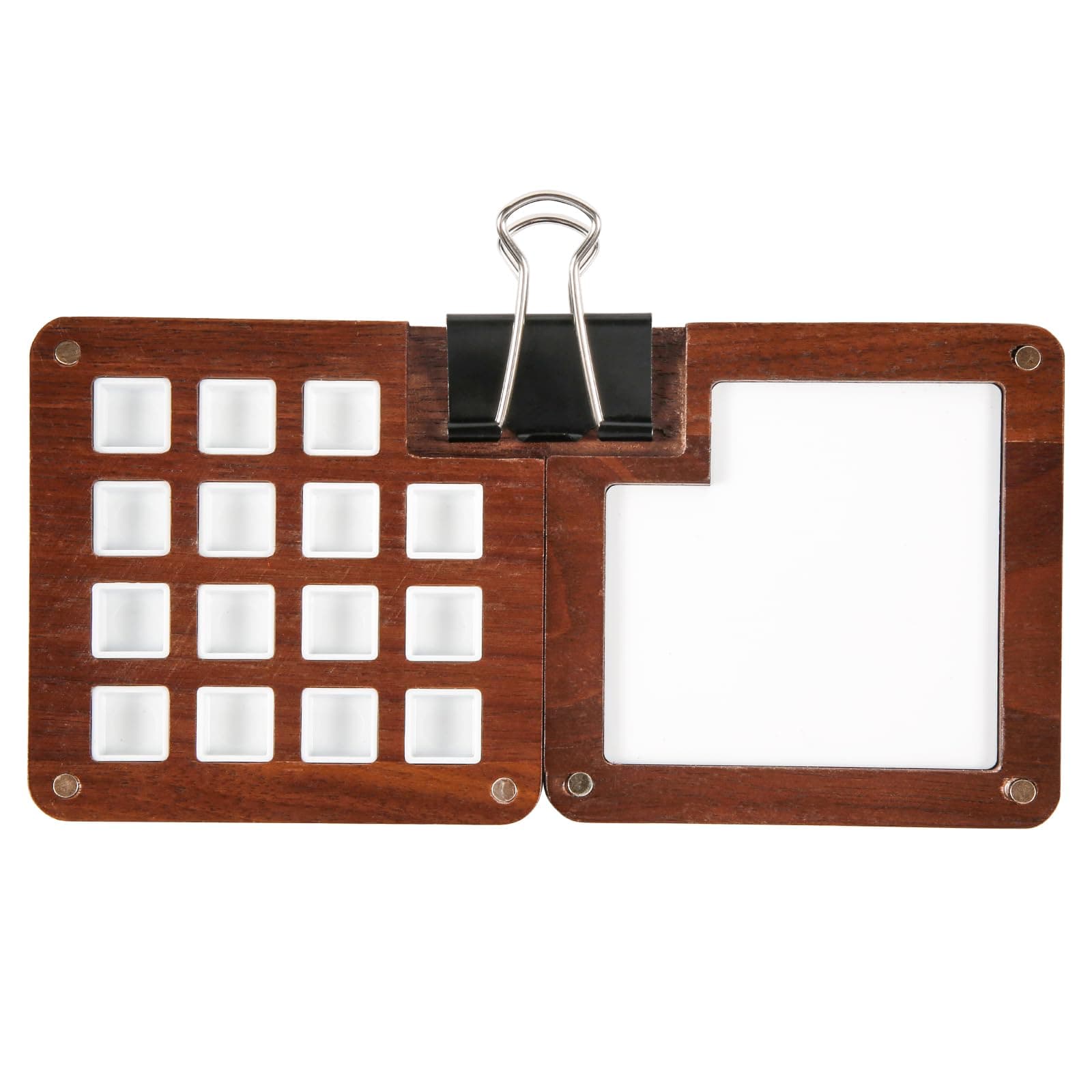 Mini Portable Palette, 15 Grids Wooden Tiny Watercolor Palette Empty Small Paint Palette Pocket Magnetic Sketchbook Palette Walnut Travel Paint Tray for Painters and Artists, 1 Clip (Without Pigment)