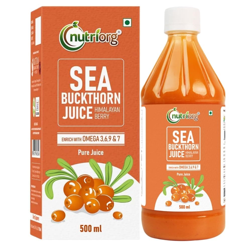 NutriOrg Pure Sea Buckthorn Juice 500 mL | 100% Himalayan Berry Pulp | Omega 3,6,7,9 & Vitamin C | Best for Immunity & Antioxidant Rich | No Added Sugar & Colour