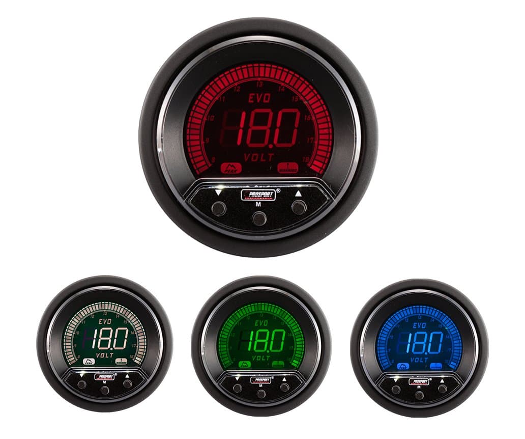 Prosport 52 mm Premium EVO Electrical Volt Gauge – Digital LED Dial (8–18 V), Peak Recall & Programmable Warning, 4-Color Backlight, Includes Gauge, Wiring & Mount Kit – 12 V Vehicles