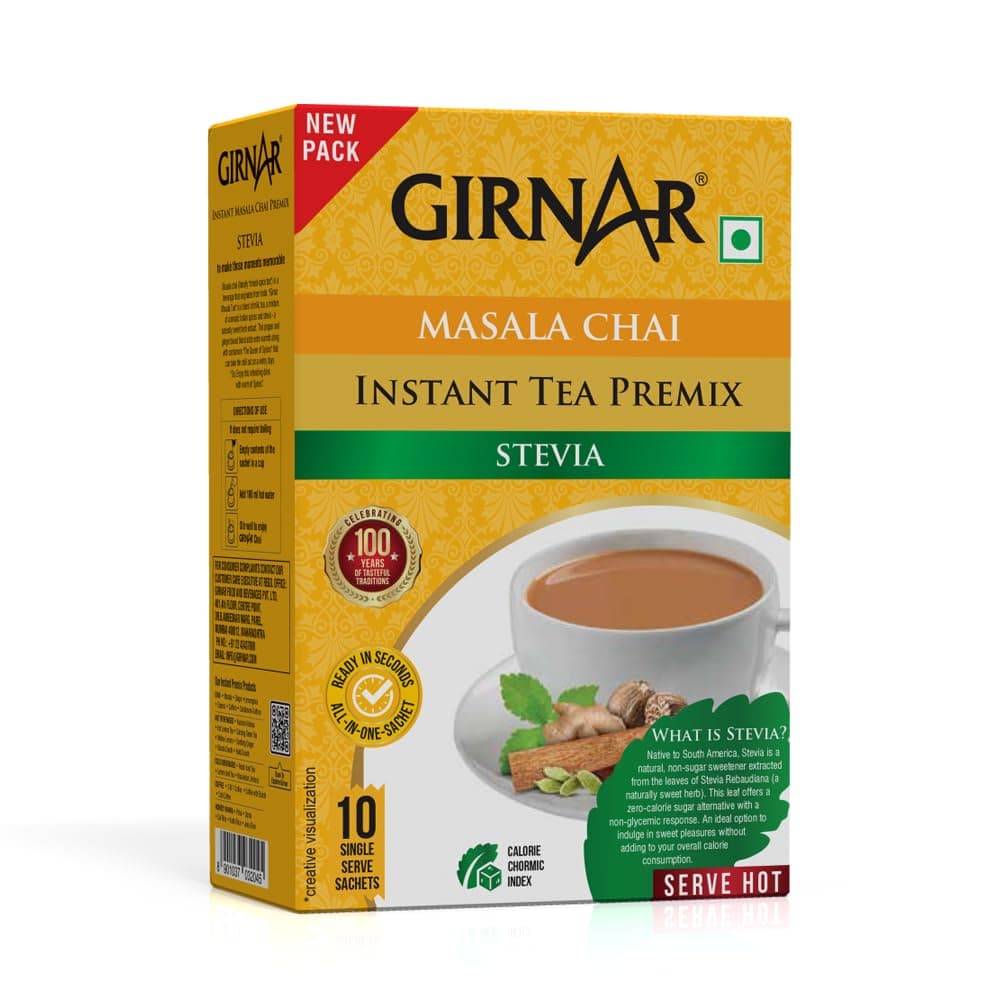 Girnar Instant Masala Chai Premix With Stevia Black Tea Granules-10 Sachets,90 Grams