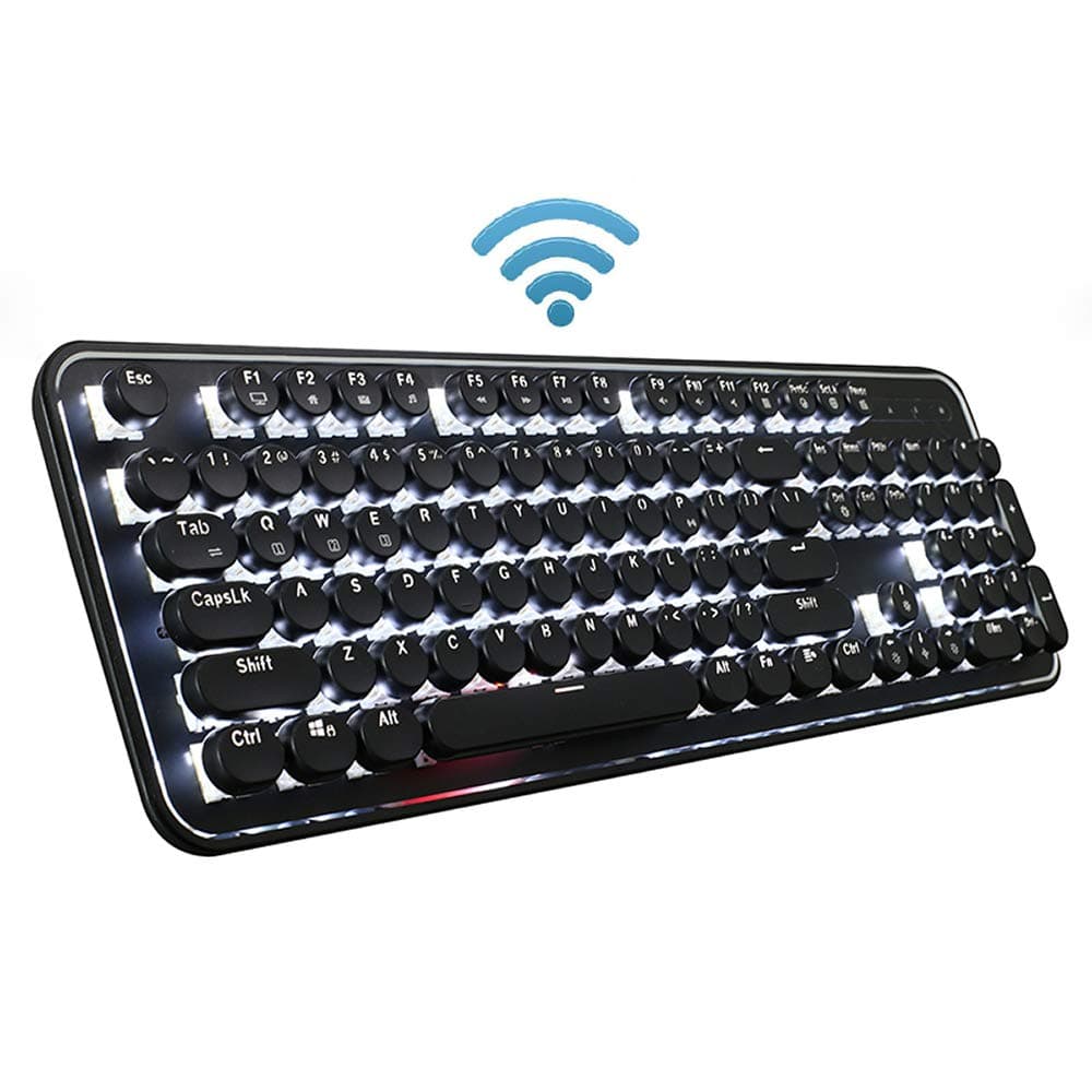 DoubleW Typewriter Keyboard Wireless Bluetooth Wired USB Type-C Dual-Mode Mechanical Gaming Keyboard White LED Backlit, 104-Key Anti-Ghosting Blue Switch, Metal Panel Retro Steampunk Style, Black