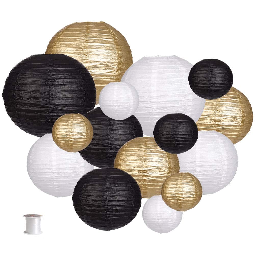 Paper Lanterns Decorative, Round Hanging Paper Lanterns Decorations for Wedding Graduation Anniversary Birthday Party Supplies Black/Gold/White 15pcs