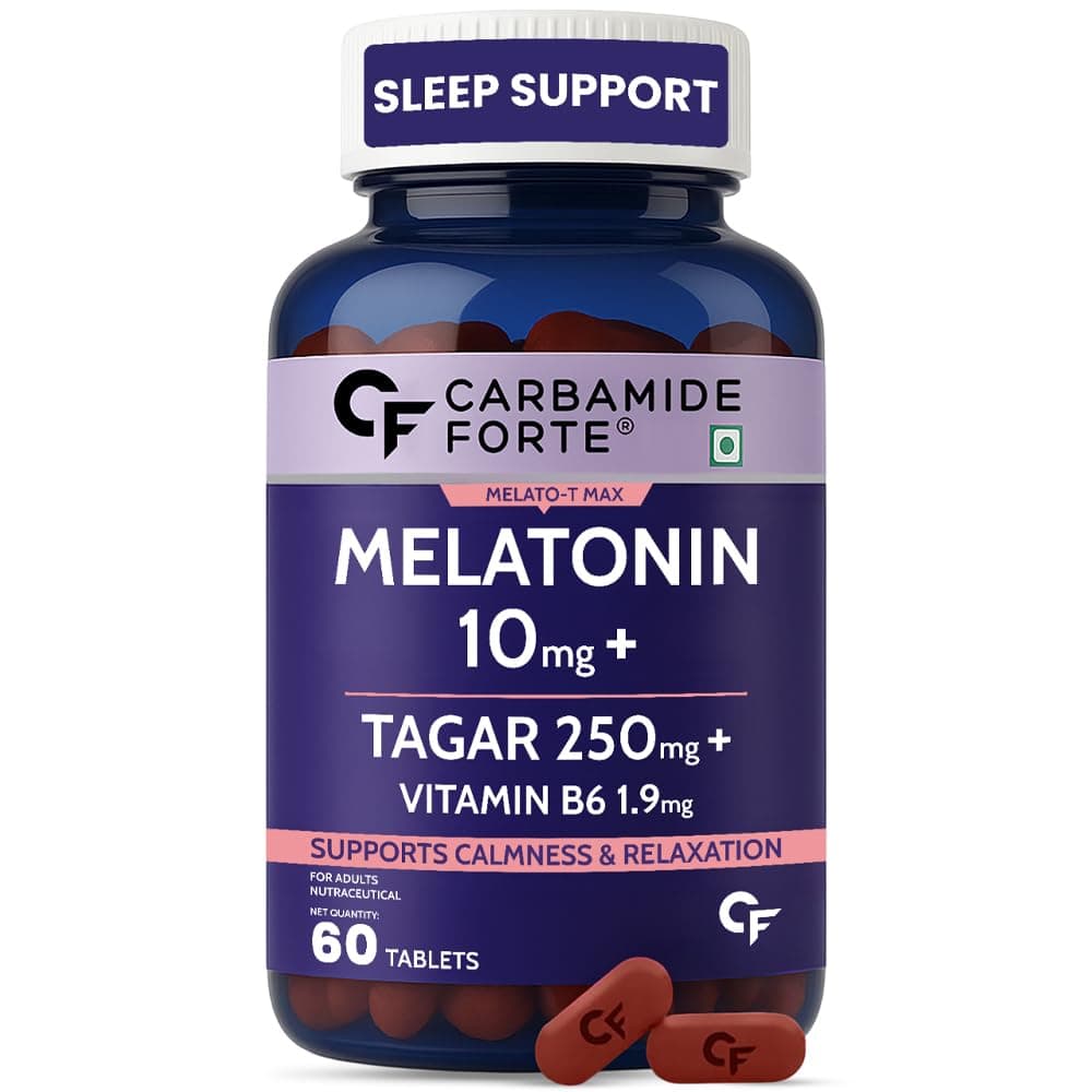 Carbamide Forte Melatonin 10 mg Sleeping Pills with Tagar 250 mg | Sleep Supplement for Men & Women | Melatonin Tablet for Restful Deep Sleeps - 60 Veg Tablets.