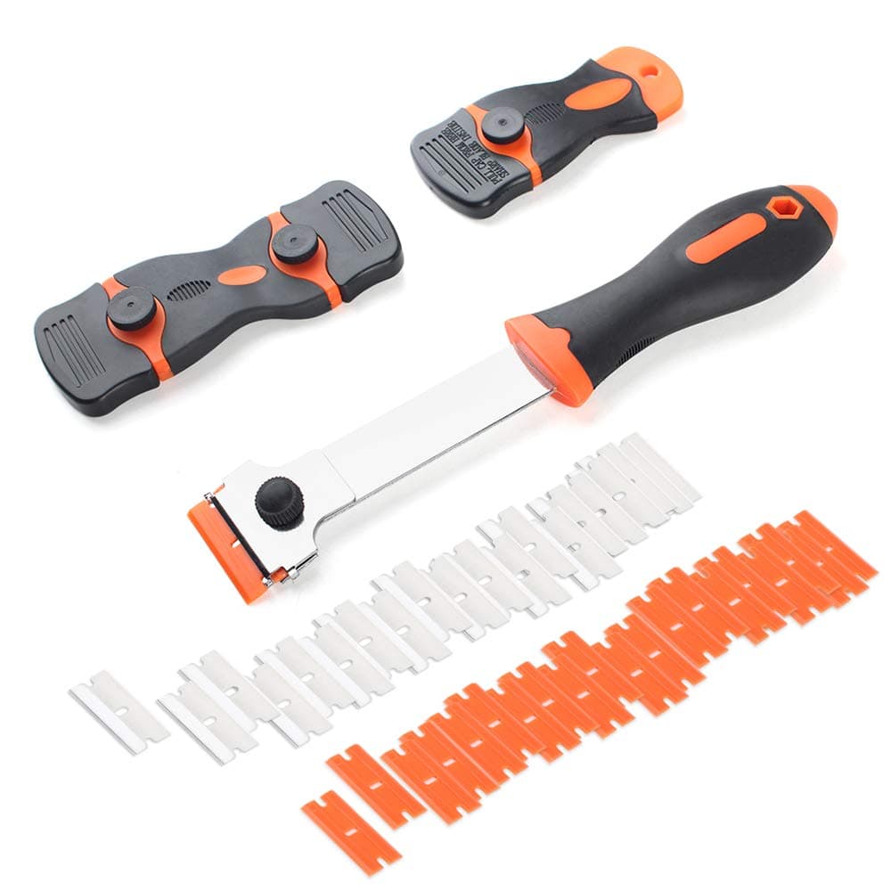 3pcs Multi-purpose Razor Scrapers with Extra 40pcs Blades, Cleaning Tool for Removing Paint Label Decal Adhesive Sticker from Auto Window Glass Floor Wall Stovetop