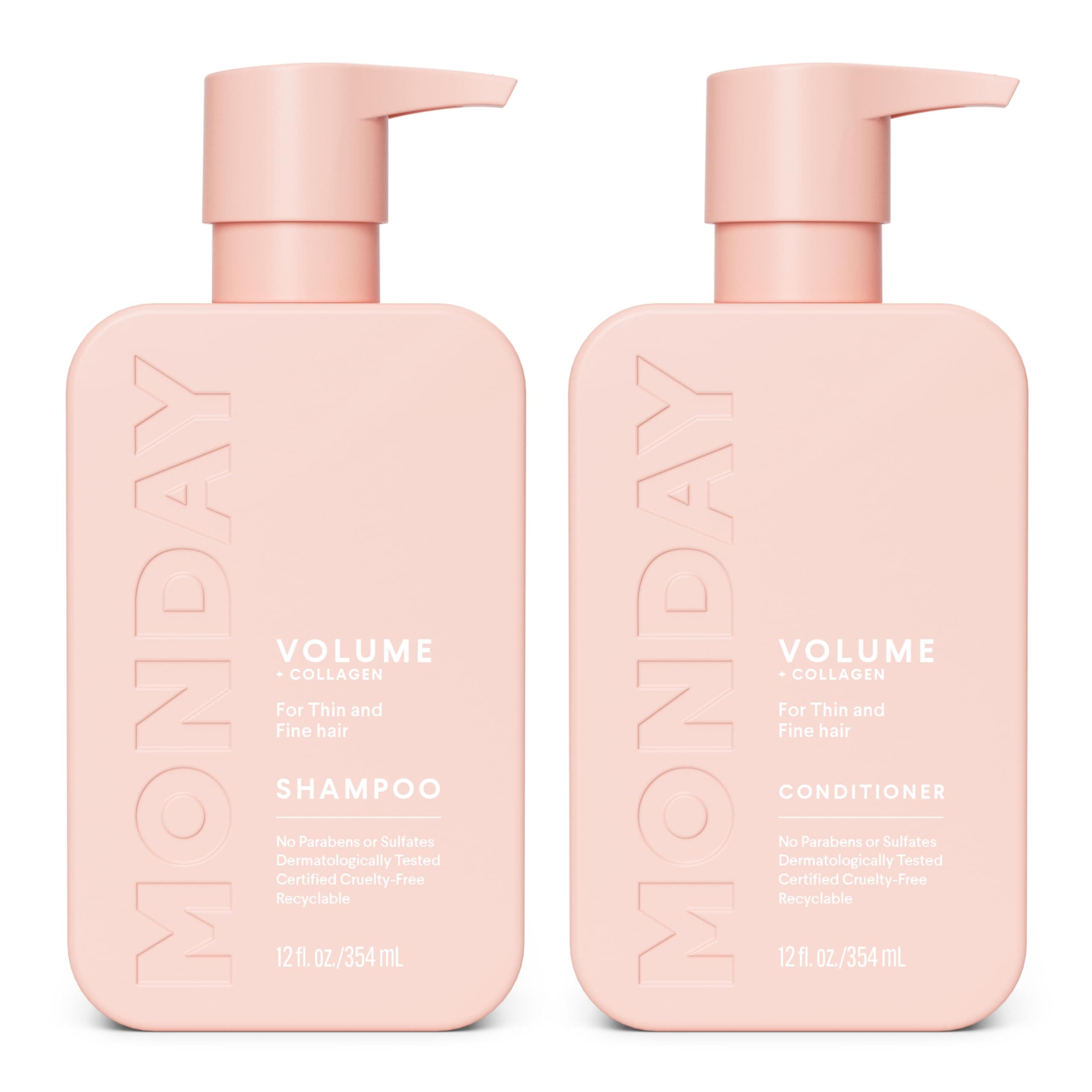 MONDAY HAIRCARE Volume Shampoo + Conditioner Set (2 Pack) 12oz Each for Thin, Fine, and Oily Hair, Made from Coconut Oil, Ginger Extract, and Vitamin E, 100% Recyclable Bottles Pink