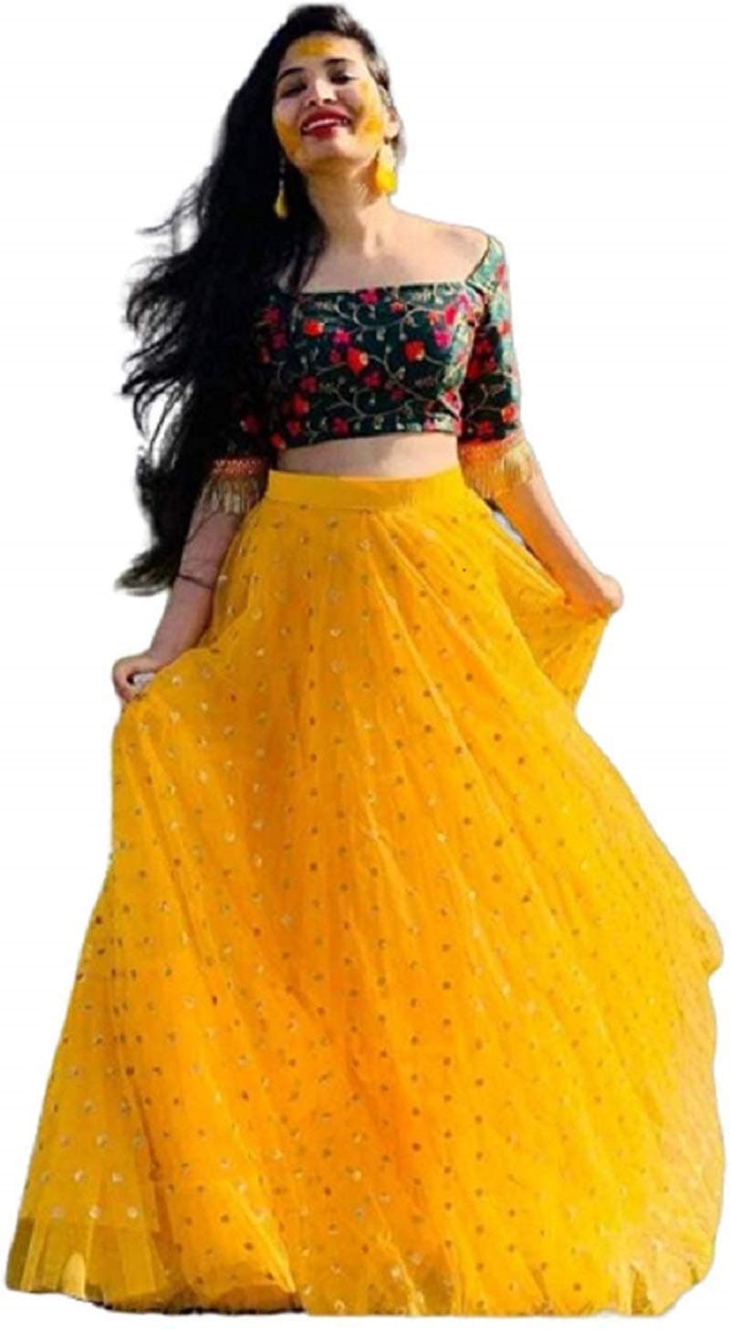 Women's Silk Semi Stitched Lehenga Choli (yellow bindu_Yellow_Free Size)