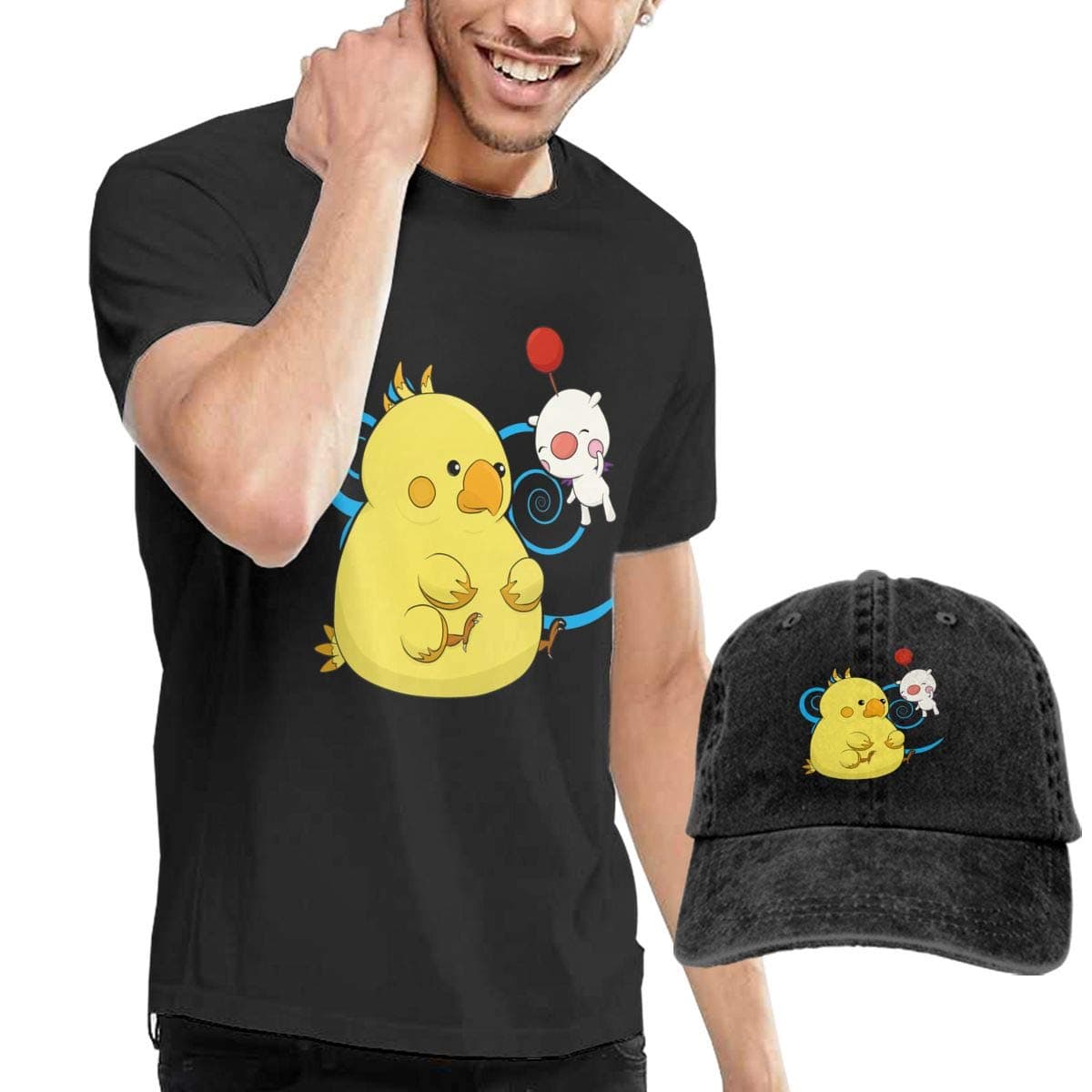 SOFIA HUNTER Mog and Chocobo Men's Short Sleeved T-Shirt and Cowboy Hat Comfortable Black
