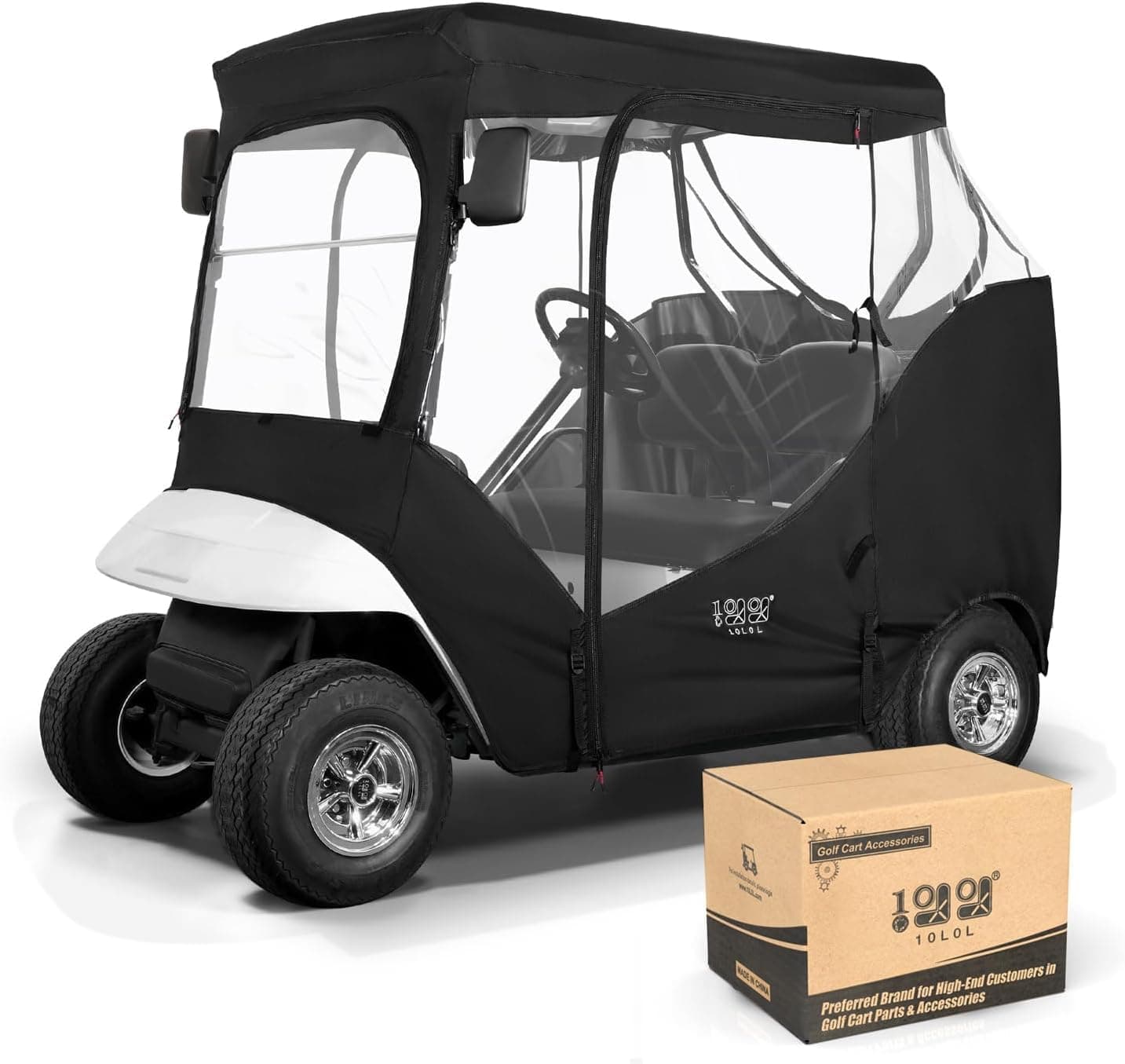 10L0L Golf Cart Enclosure Fit for 2 Passengers EZGO TXT RXV,600D Waterproof Snowproof Golf Buggy Keep Warm Cover, 2 Door Zippers 4-Side Clear Window and 4 Windproof Hooks Golf Cart Rain Cover, Black