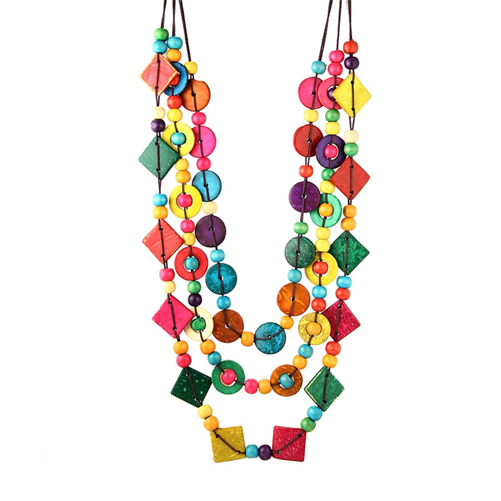 Bohemian Coconut Shell Wood Bead Necklace Handmade Ethnic Wooden Beaded Choker Colorful Layered Long Necklace for Women Vaction Jewelry