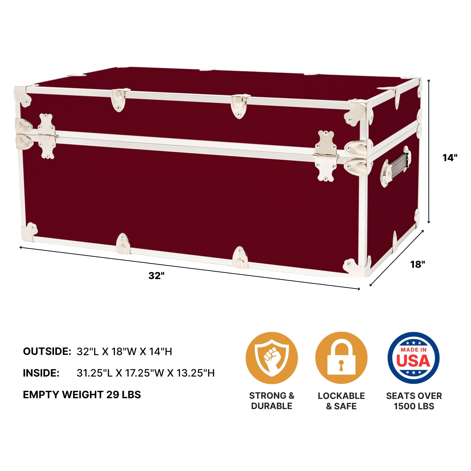 Rhino Trunk & Case Large Armor Camp Trunk with Removeable Wheels - Secure Dorm Storage Chest, Ideal Summer Camp Footlocker, Strong College Trunks - Seats 1000+ Pounds - 32"x18"x14" (Wine)