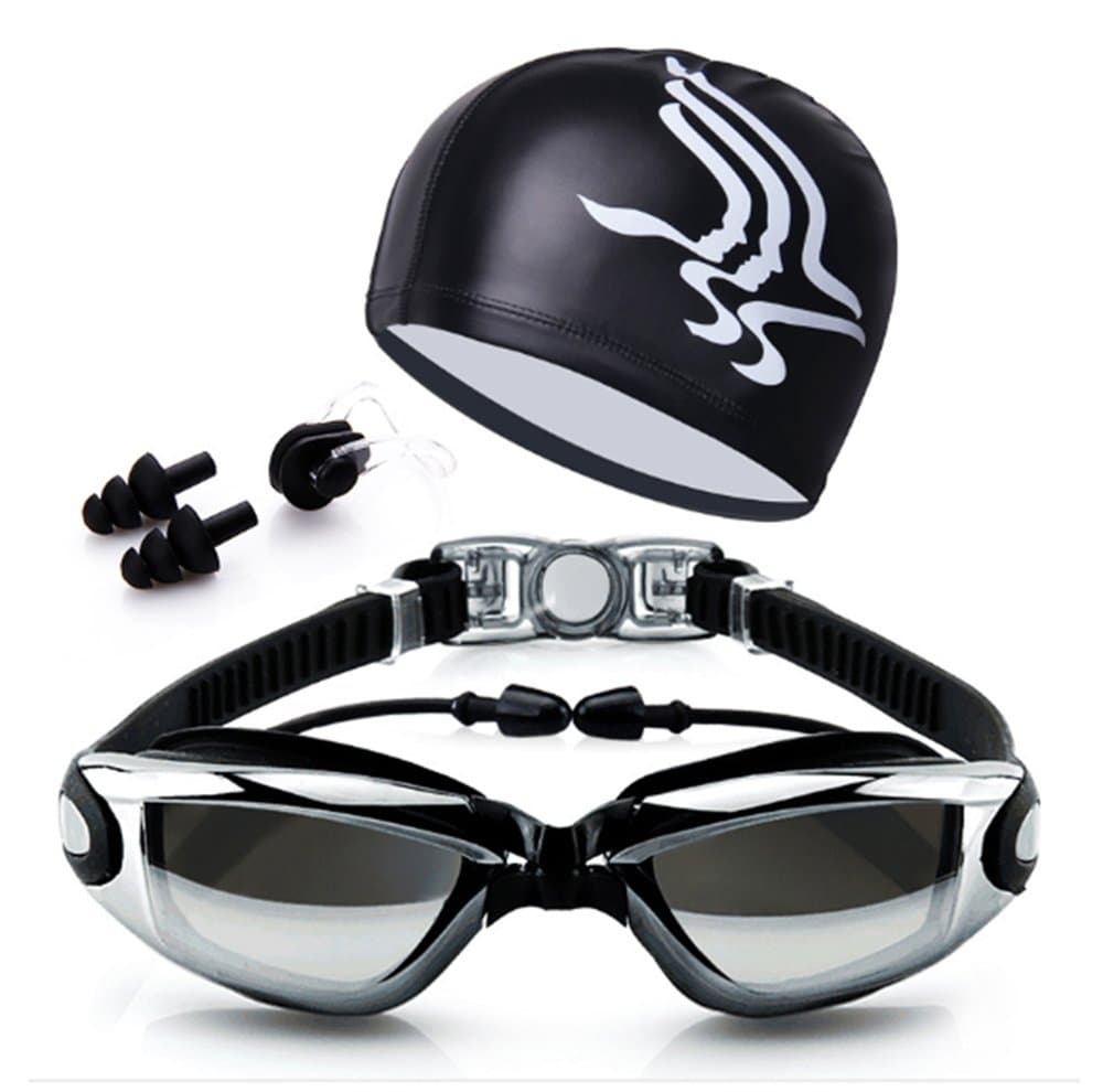 Swimming Goggles Set Swimming cap, Watertight Comfortable Anti-UV Shatter-proof Adjustable Complete Accessory swim hat+Earplug+ Nose Clip+Protective Box-black