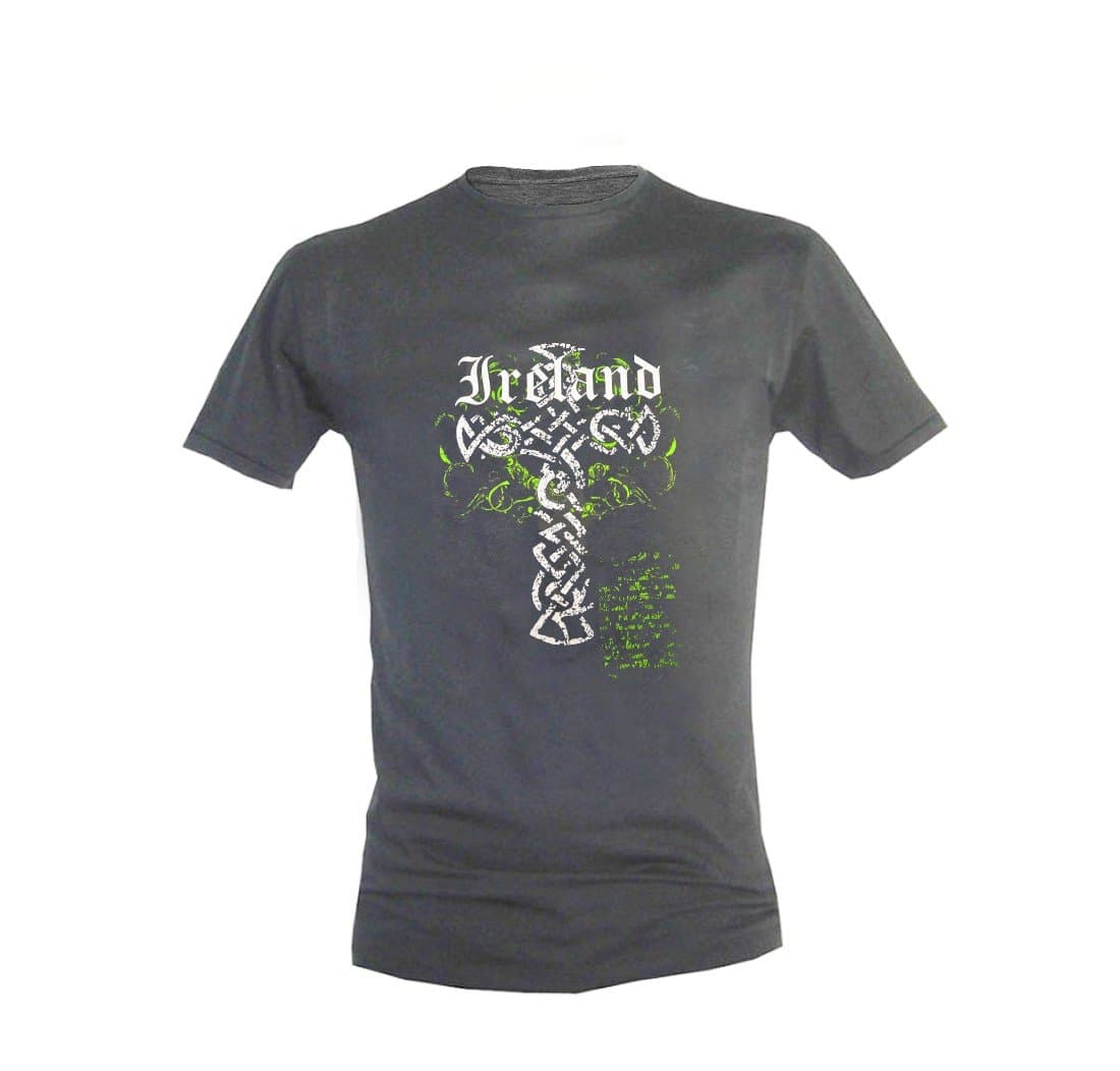 Keltic Legend T-Shirt with Large White Cross & Ireland Print, Charcoal Colour