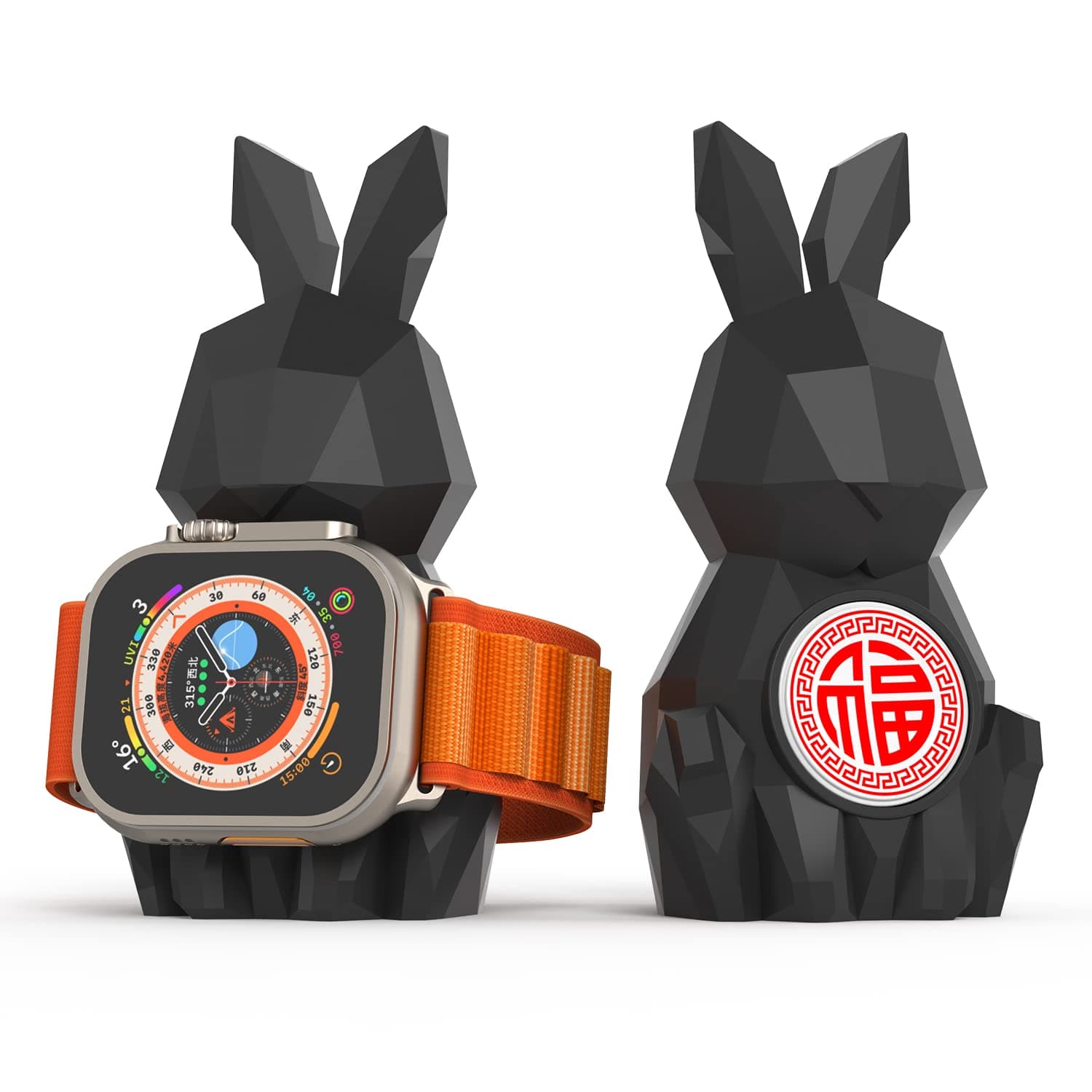 MOSHOU Geometric Rabbit Design Charger Stand for Apple Watch, Compatible with iWatch Series 8, SE2, 7, 6, SE, 5, 4, 3, 2, 1 / 45mm, 44mm, 42mm, 41mm, 40mm, 38mm, Support Night Stand Mode (Black)