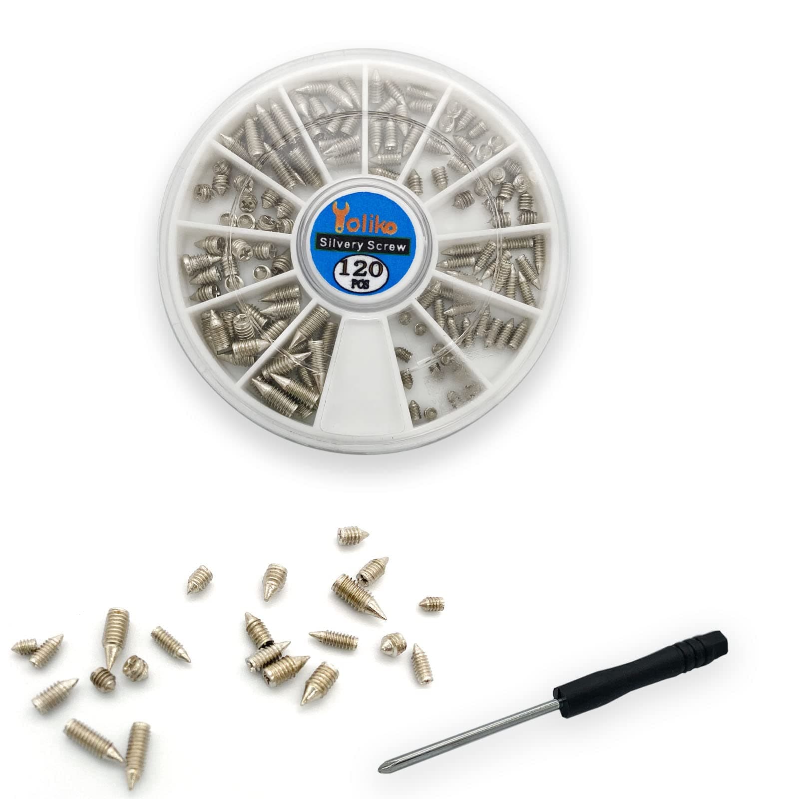 120 pcs Nickel Plated Tip Screws Pointed Cross Slot Leather Accessories 12 Sizes Belt Screws Include M2*3-M2*6, M2.5 * 3-M2.5 * 8, M3*3-M3*8 with 2mm Screwdriver for Belt Buckle Wallet Handbag Purse