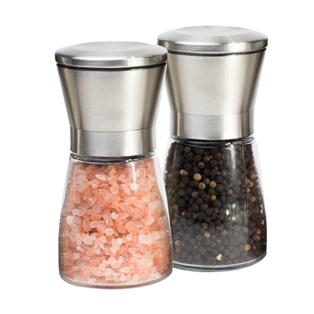 Salt and Pepper Grinder Set of 2 Cordless & manually Adjustable Mills, Hand Crank grain Mill for Spices, Herbs, Himalayan salt, black Peppercorns. Easy to Clean & Refill. Spice up like a Pro!
