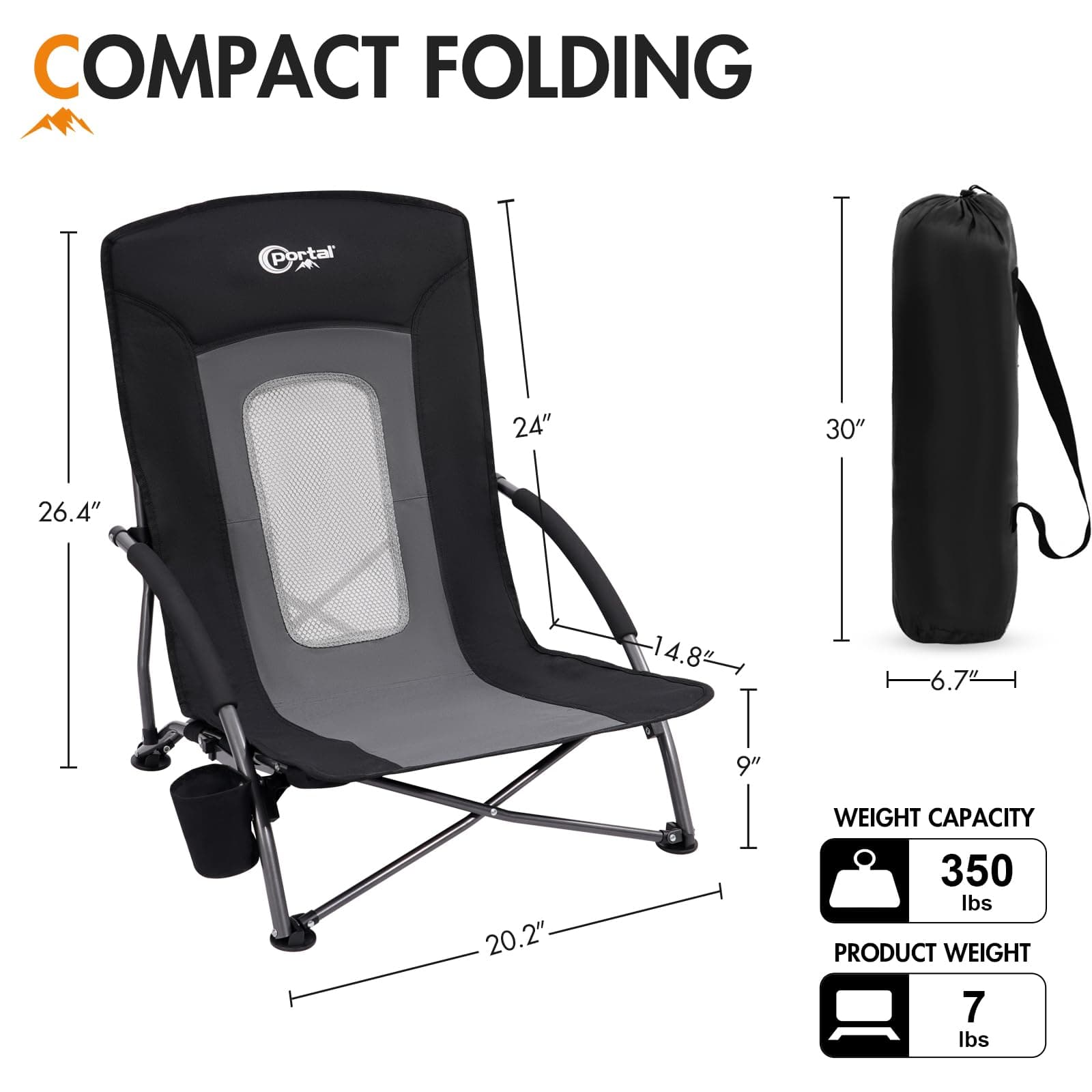 Portal Beach Chairs for Adults Camping Low Lightweight Portable Chair with Cup Holder Mesh Back Carry Bag for Outdoor Sand Lawn Travel Picnic Festival Concert