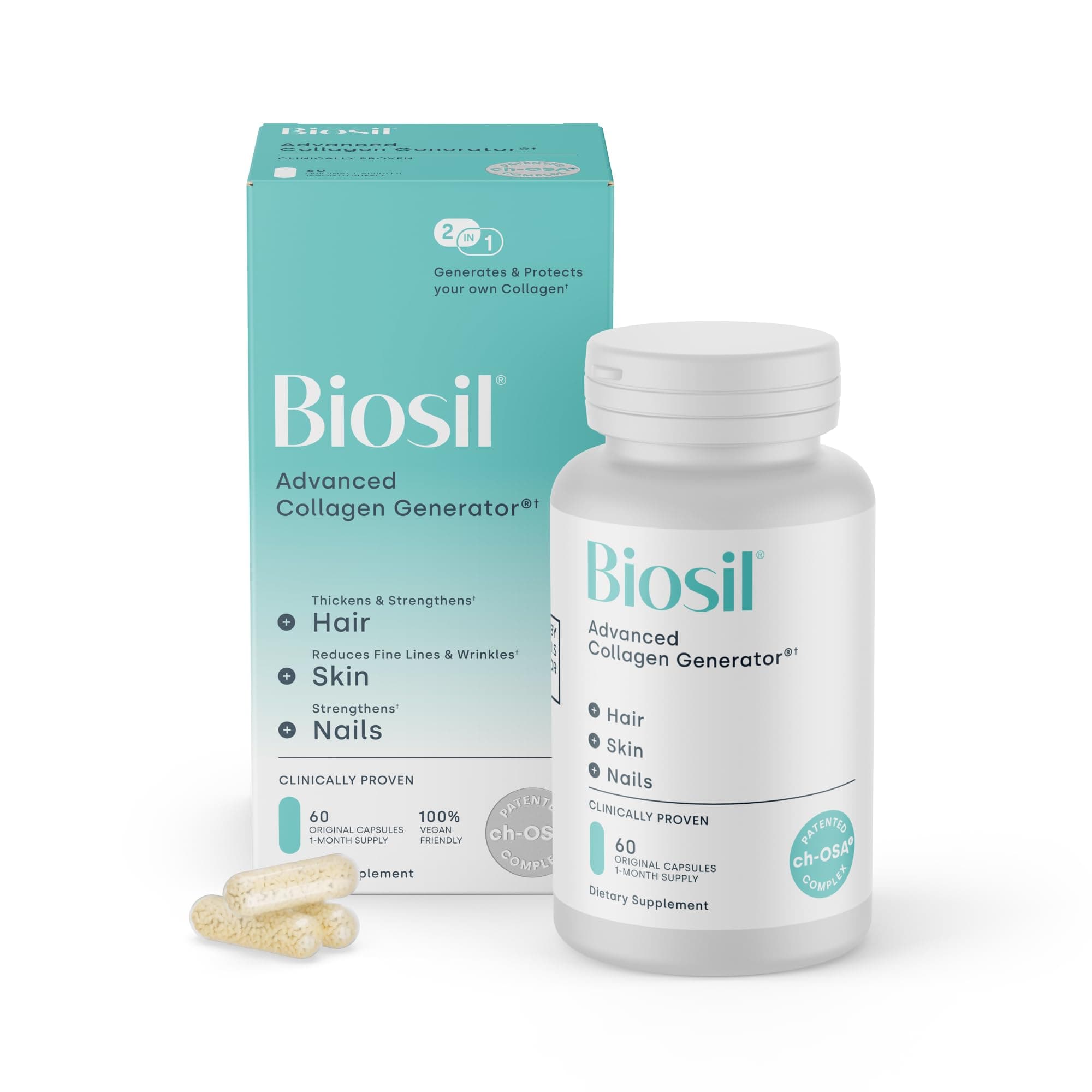 Biosil Collagen Booster Supplement - 60 Original Capsules - Patented ch-OSA Activator for Skin, Hair, Nails & Joints - Supports Natural Production - 30-Day Supply