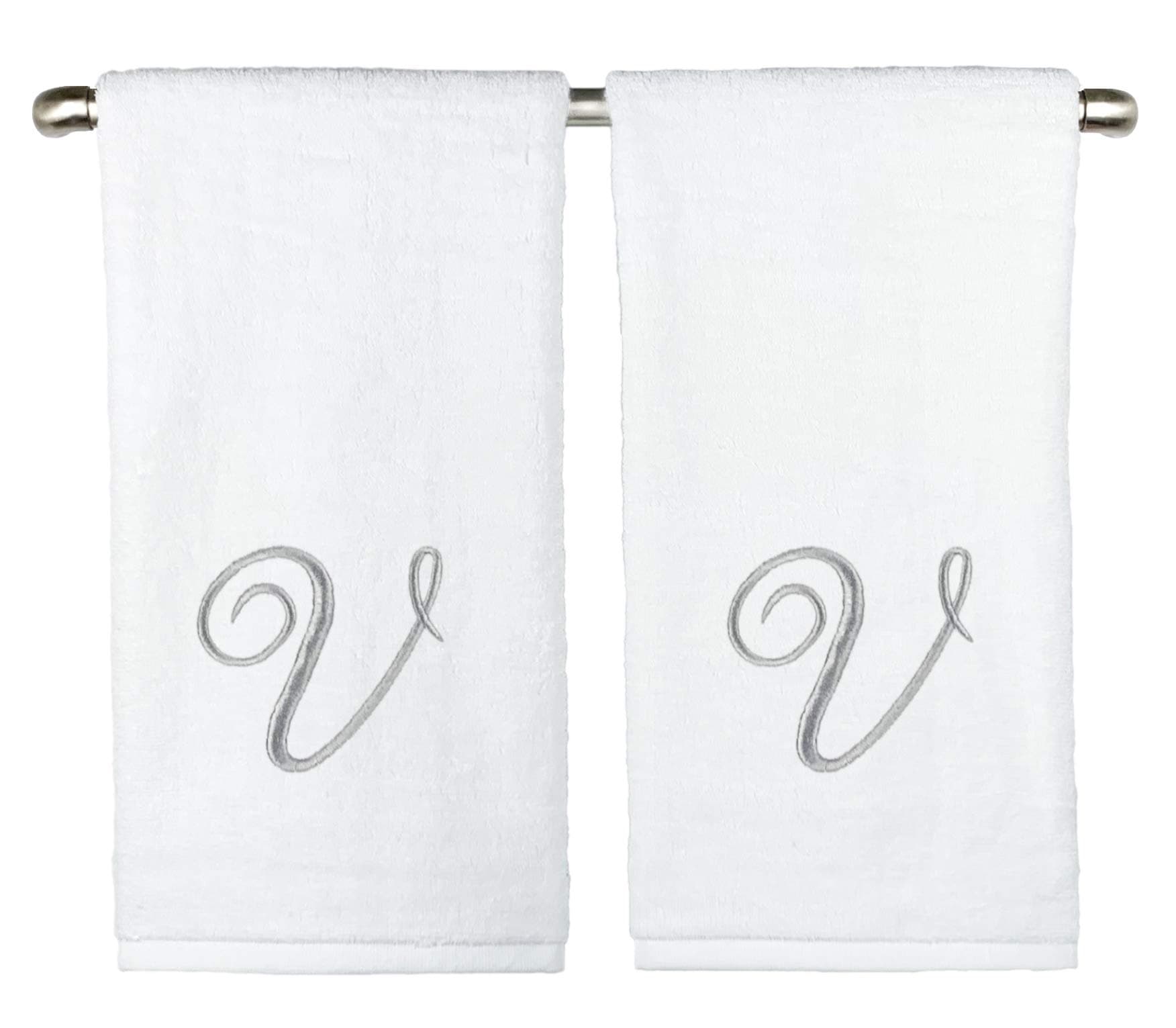 Slakeware Custom Monogrammed Hand Towels, Set of 2, 100% Cotton, Made in USA, Quality Used by Luxury Hotels, Embroidered Silver Thread Script Monogram (White, V - 2 Hand Towel Set)