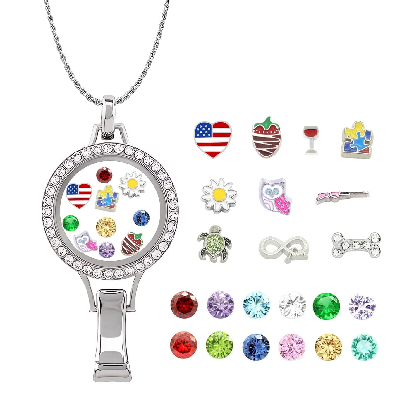 Necklace Lanyard Badge Holders Floating Charm Glass Locket w/ 10pcs Charms 12 Months Birthstones, 31.5'' Stainless Steel Chain Gift Box for Women Nurse Teacher Office Workers Xmas Birthday Gift