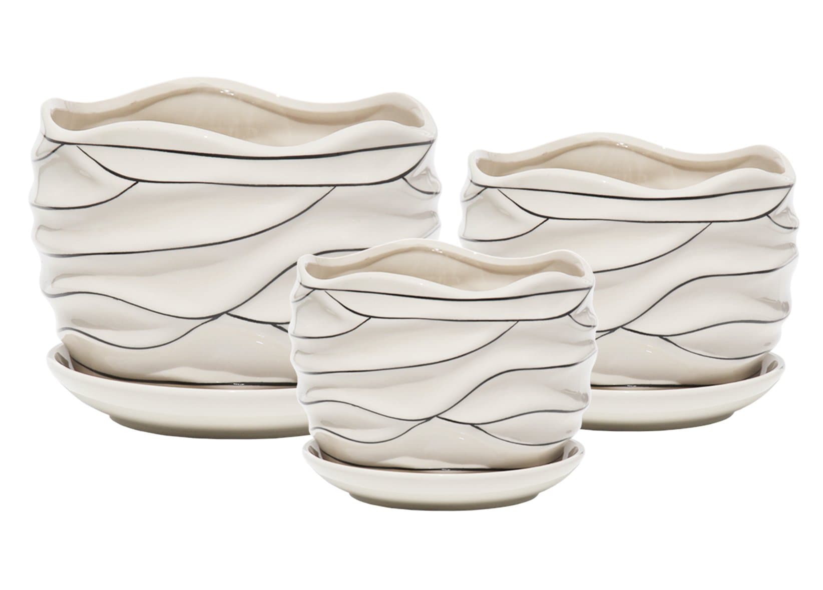 White Ceramic Garden Flower Plant Pot Succulent Cactus Plant Pots 4 6 7 Inch Set of 3 (White Stripe Wave)