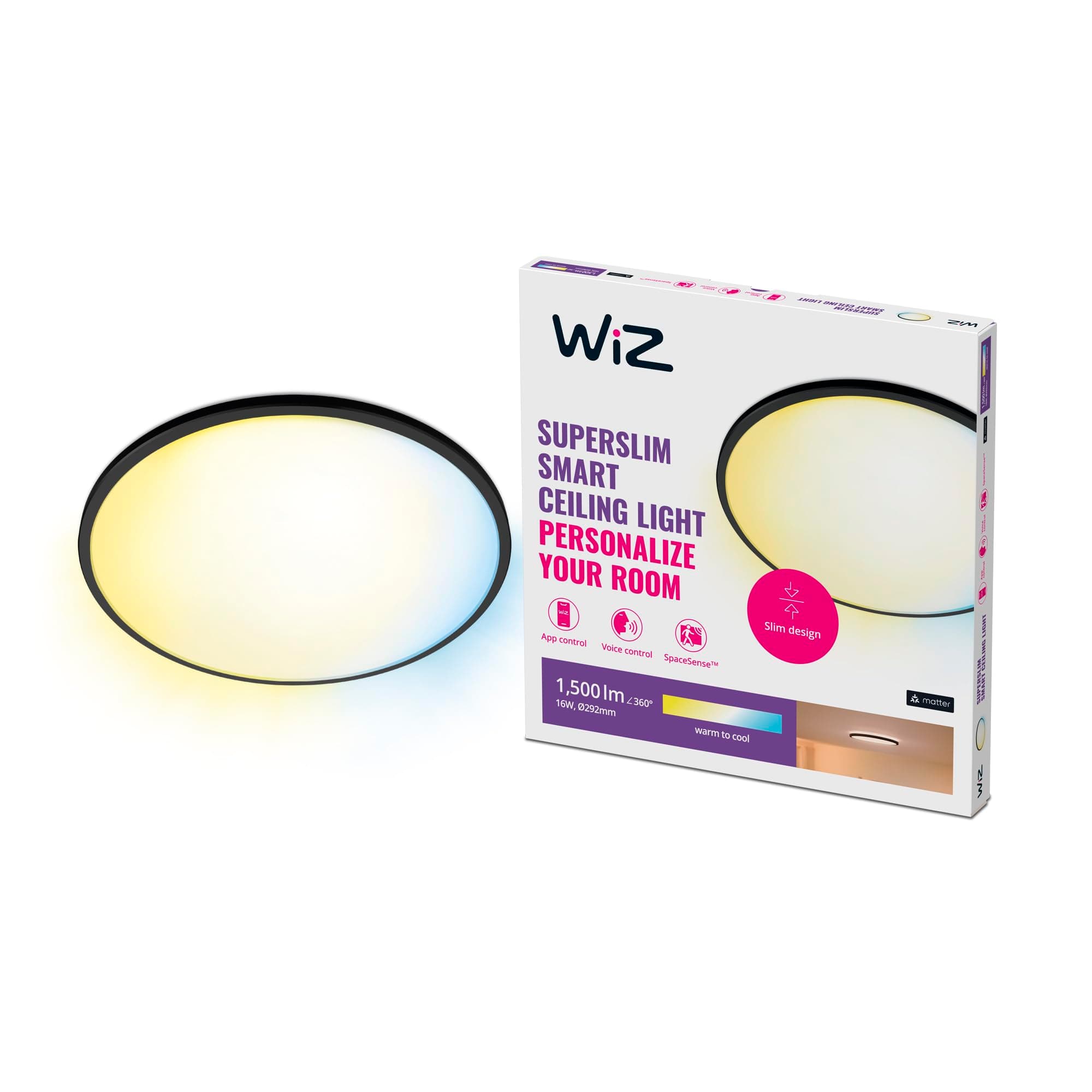 WiZ Superslim Tunable White Ceiling Light [16W - Black] WiFi Connected LED Lighting for Livingroom, Bedroom, and Home.
