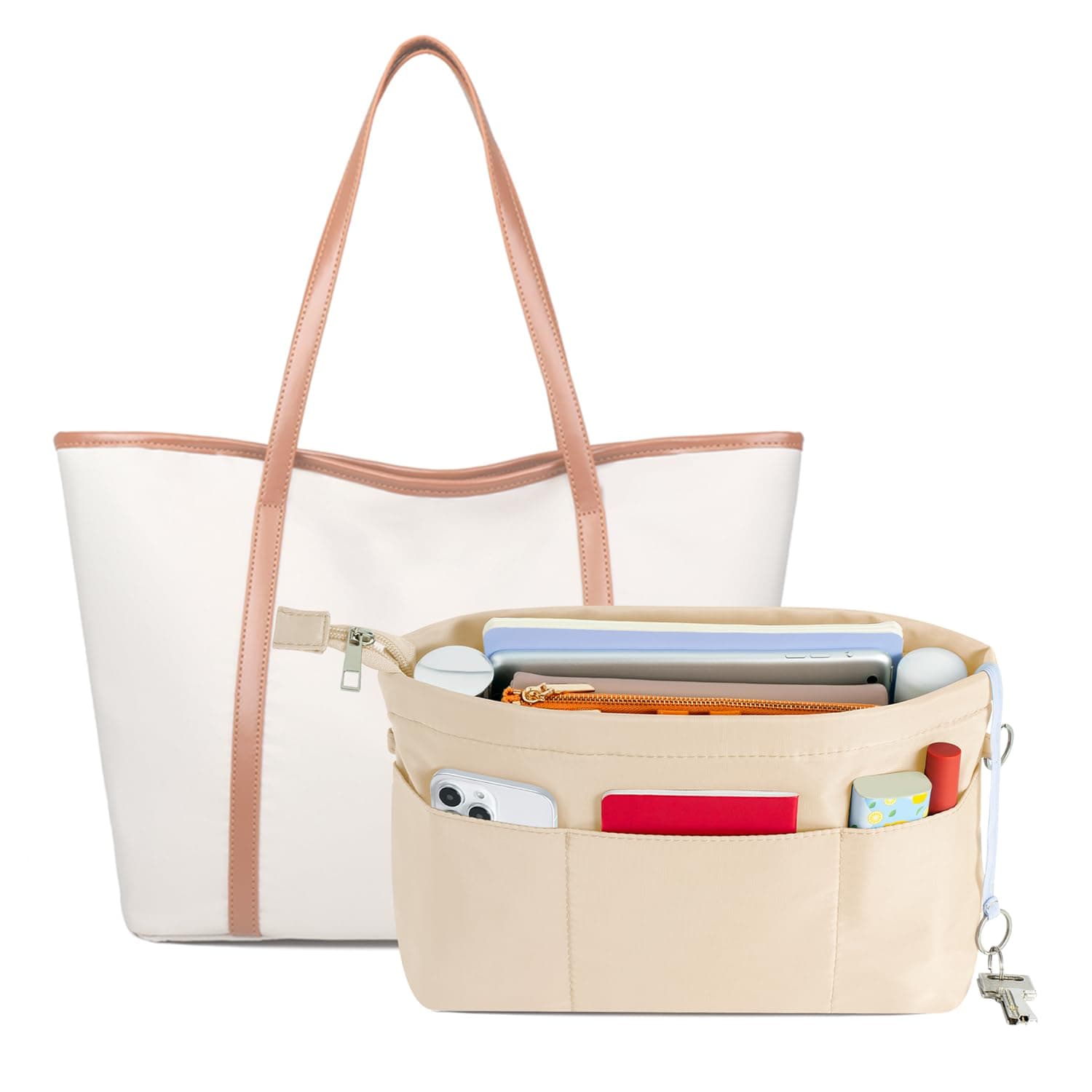 HyFanStr Purse Organizer Insert with Zipped Top for Tote Bag, Handbag Organizer Shaper with 13 Pockets, Beige XL