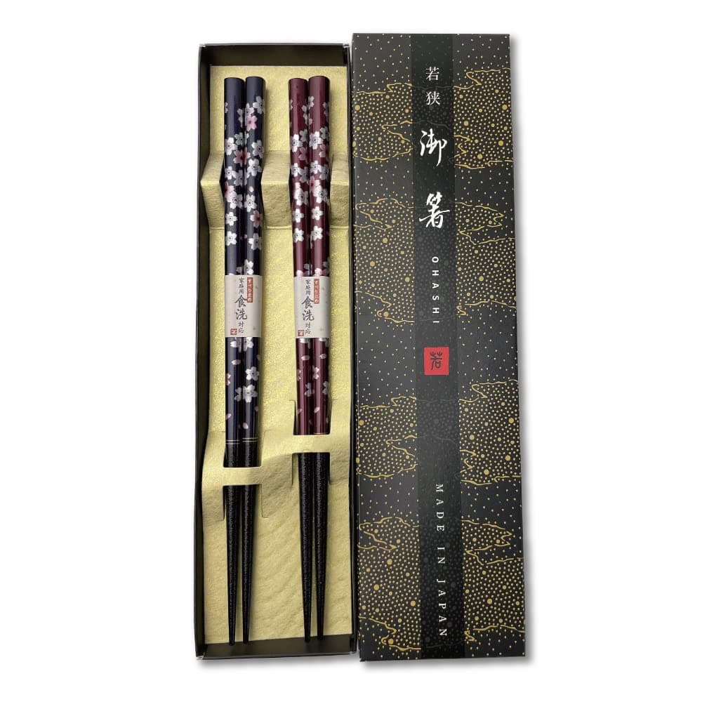Premium Japanese Chopsticks Reusable 2pcs set [ Made in Japan ] Traditional Lacquer Art Wooden Chopsticks (Flower Navy/Purple(YM204))