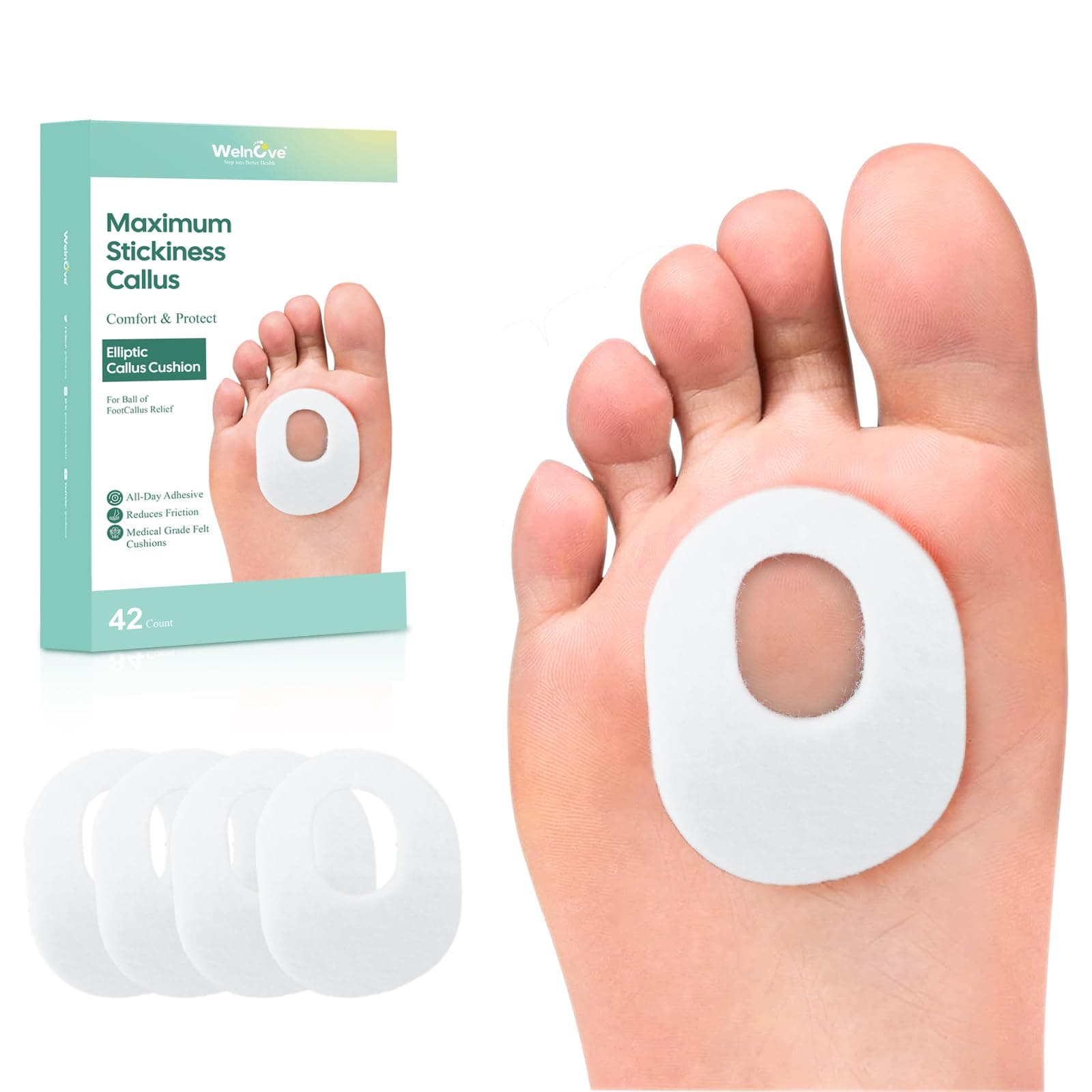 42pcs Callus Pad with Water-Resistant Self-Stick Adhesive, Protects Foot, Heel and Toes from Rubbing and Friction,Oval Shape Design,Reduce Pressure and Friction from Shoes Rubbing-White
