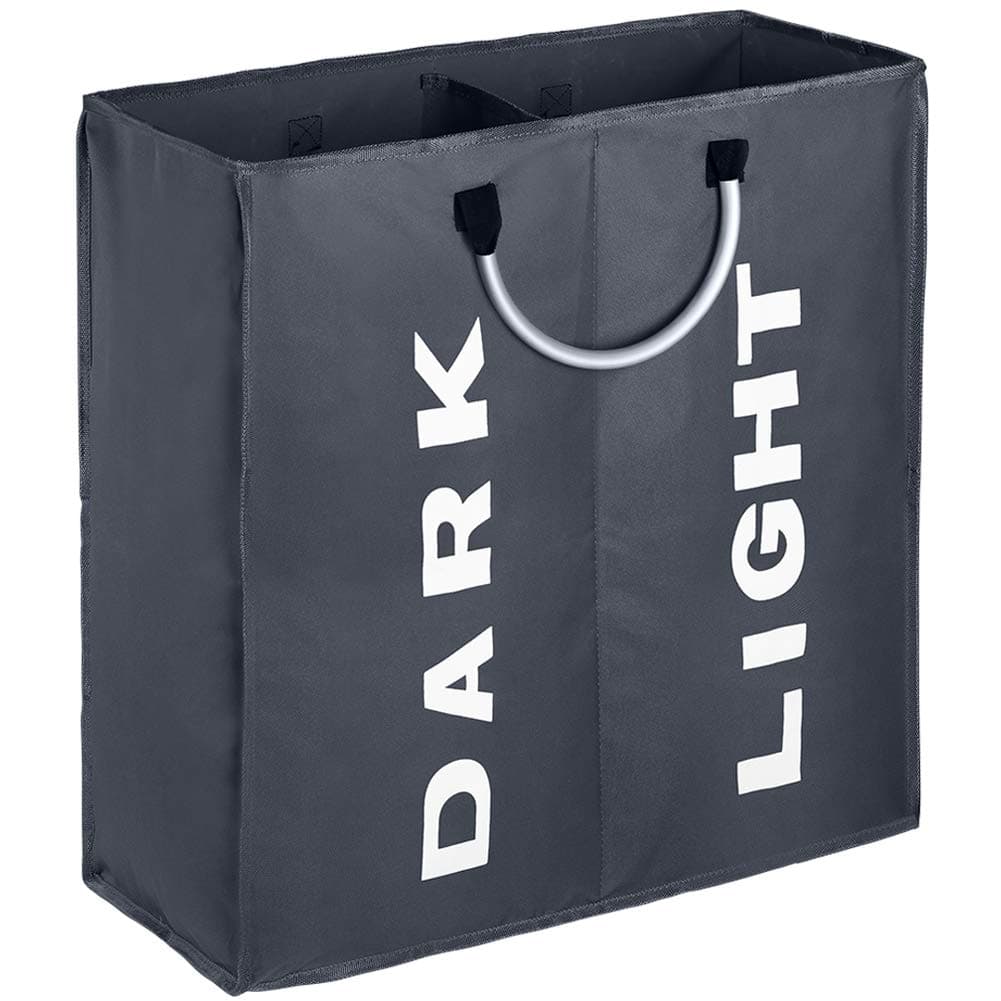 2 Sections Laundry Hamper Collapsible Laundry Bag 60L Foldable Laundry Basket Portable Storage Bag Bin with Carry Handles Dirty Clothes Bag for Bathroom Bedroom Laundry Room, Dark Grey