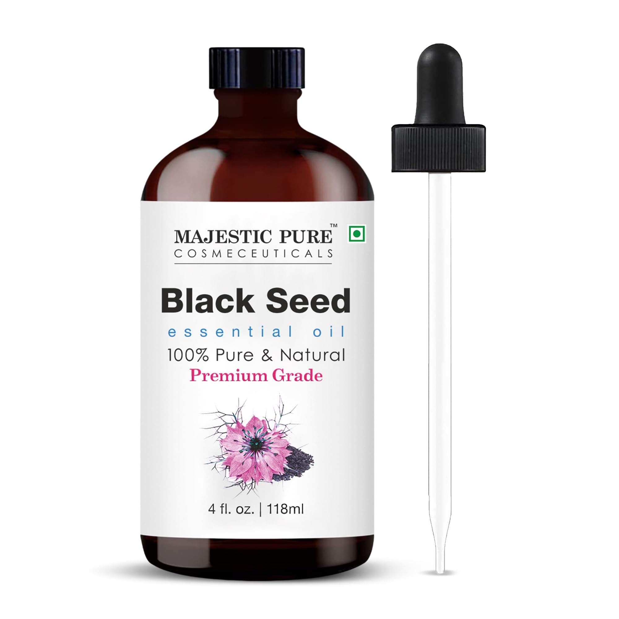 Majestic Pure Essential Oil with Glass Dropper - 100% Pure and Natural - Essential Oils for Diffuser, Aromatherapy, Soap and Candle Making, Blackseed Essential Oil, Blackseed Oil, 4 Fl Oz