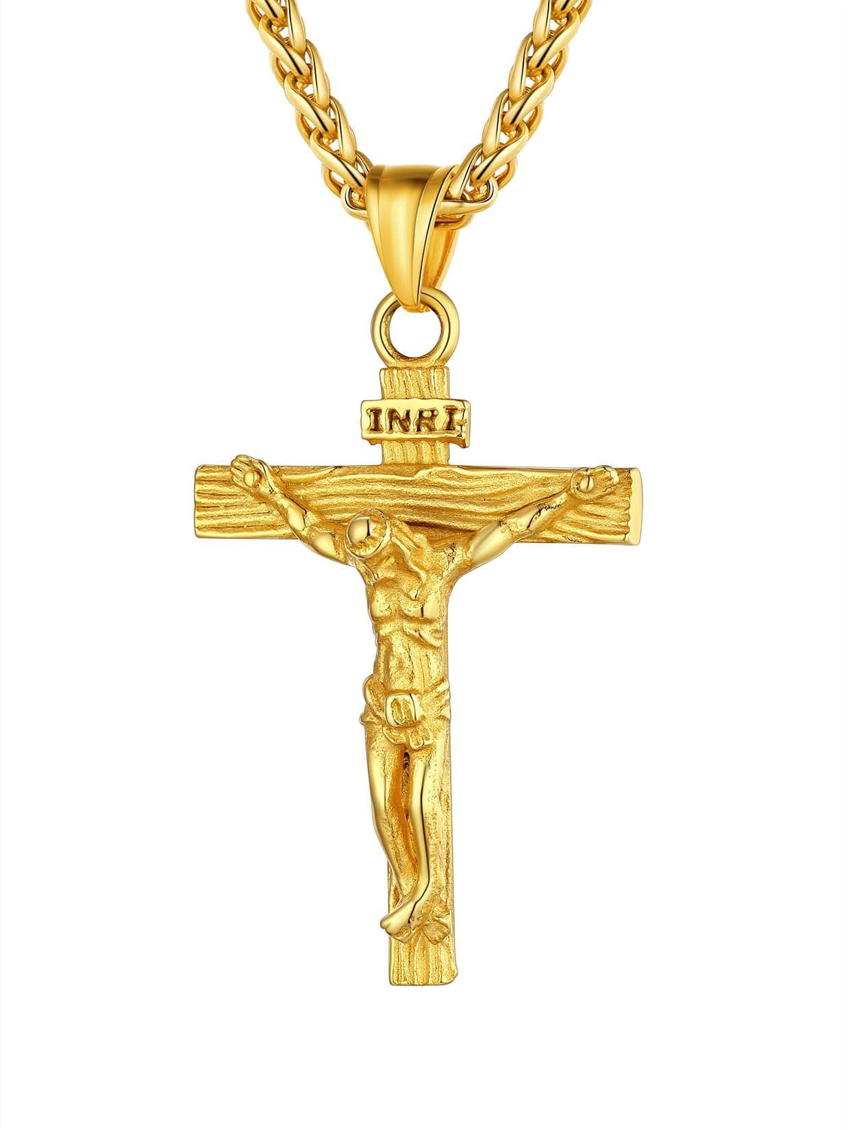 Men Crucifix Cross Pendant with Chain Baptism Christian Jewelry Stainless Steel/18K Gold Antique Jesus Necklace, Gift Packed,Length 22"