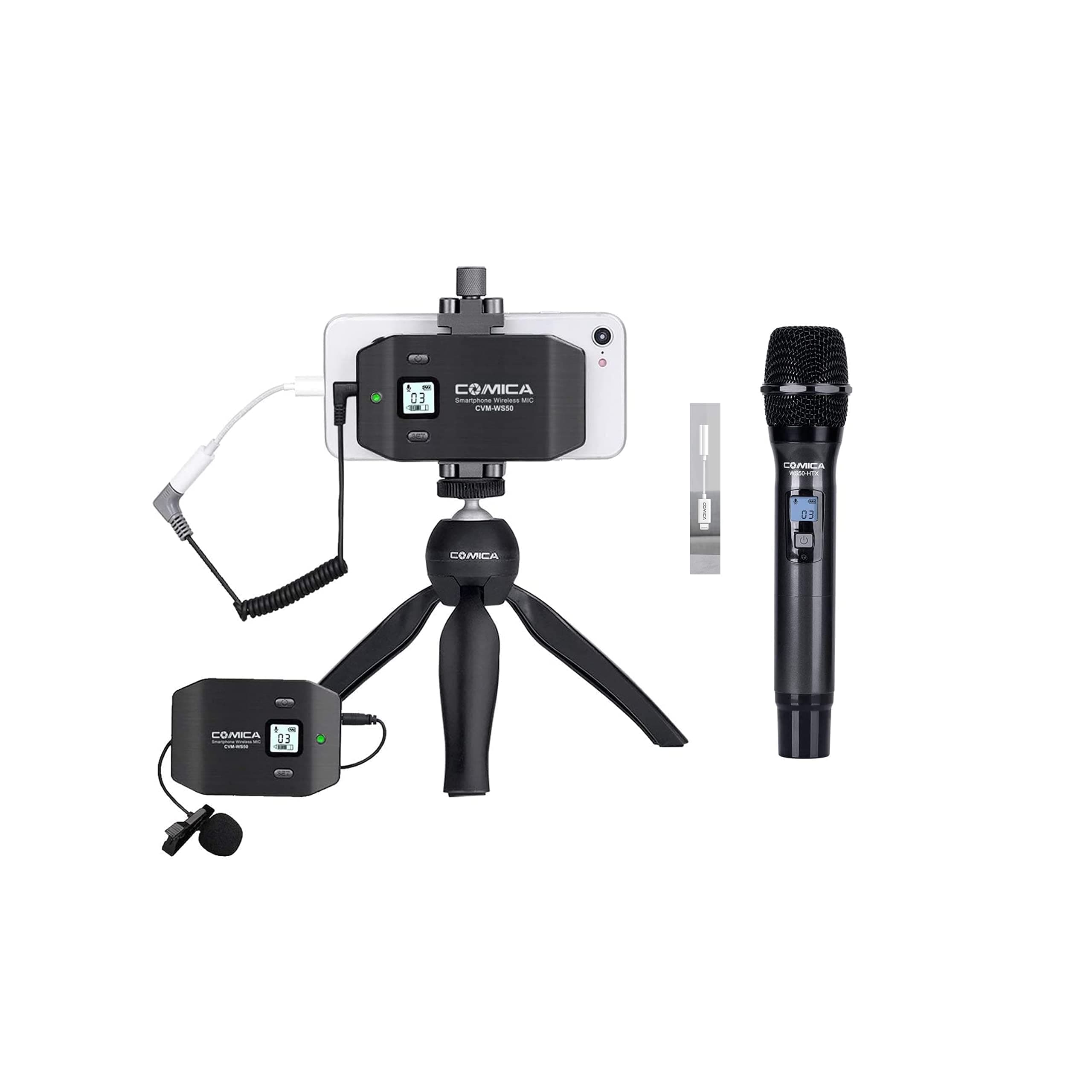 Comica CVM-WS50(C) Wireless Smartphone Lavalier Microphone System with WS50HTX Wireless Handheld Microphone and CVM-SPX-MI Microphone Cable, UHF 6 Channels, Microphone for iPhone Samsung Huawei