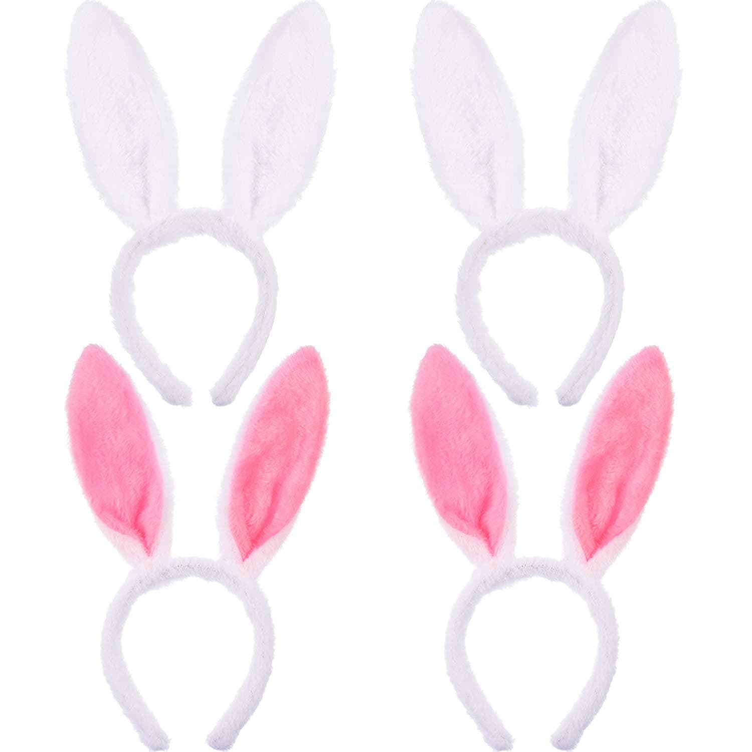 Bunny Ears 4 pieces Bunny Headband Plush White and Pink Rabbit Ears Hairbands for Easter Party Cosplay Supplies