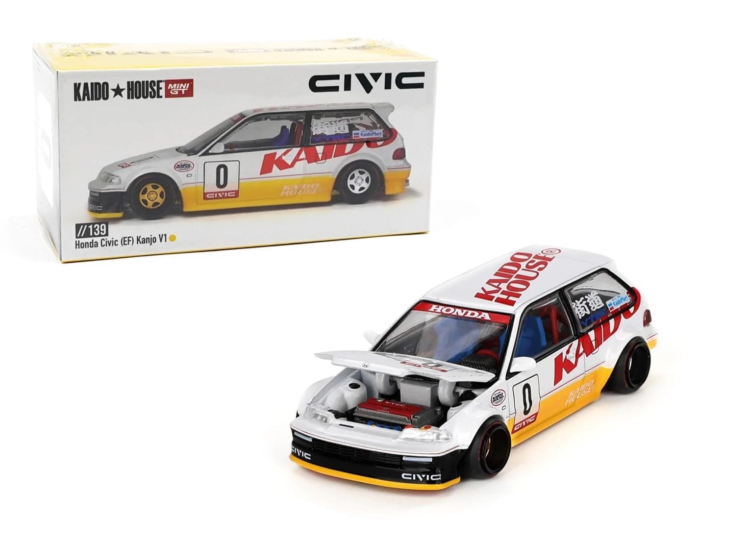 Diecast Collectibles Model Car Compatible with Kaido House 1:64 Honda Civic (EF) Kanjo V1 White/Yellow Limited Edition KHMG139