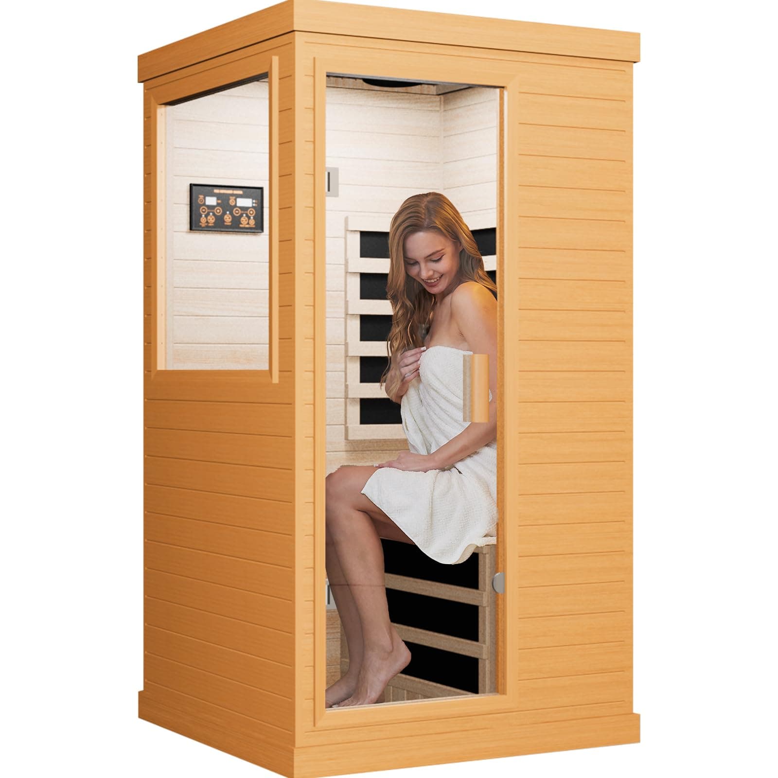 Far Infrared Sauna Home Sauna Spa Room Canadian Hemlock Wood 1200W Indoor Saunas Low EMF 110V with 7 Color Light and Tempered Glass Door, Room: 35.2 * 27.6 * 61.6Inch