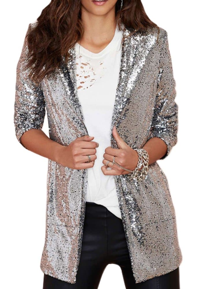 Difyou Women's Punk Boyfriend Shiny Sequin Suit Jacket Blazer Silver X-Small