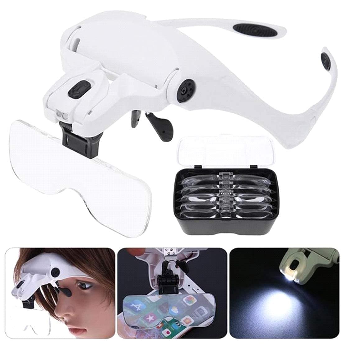 Rangwell NX 5 Lens Loupe Eyewear Magnifier with Led Lights LampInterchangeable Lens 1.0X/1.5X/2.0X/2.5X/3.5X Wearing Magnifying Glasses