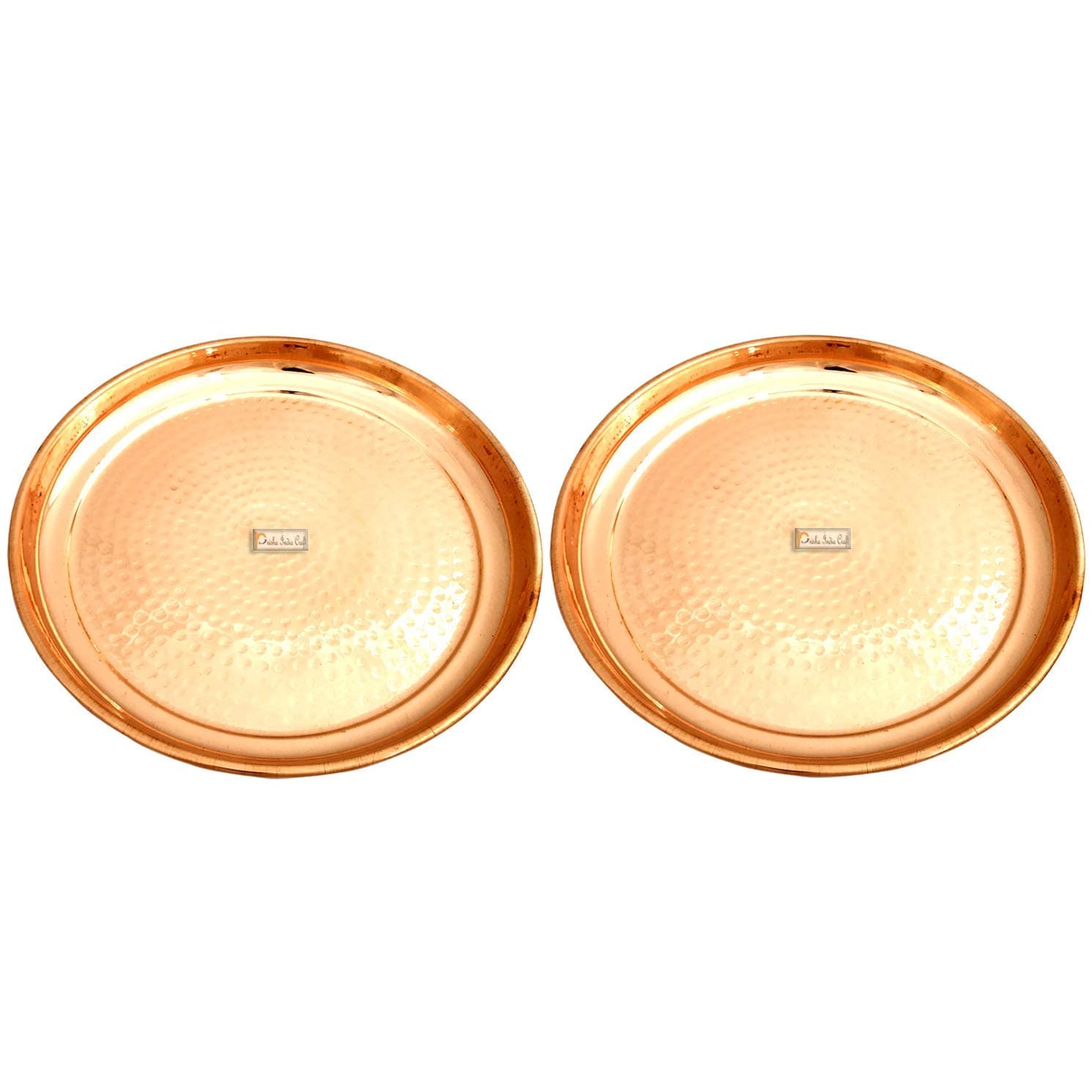 Prisha India Craft Pure Copper Hammered Serving Dinner Thali Plate, Serveware & Dinnerware, Diameter 11.50'' Inch, Set of 2